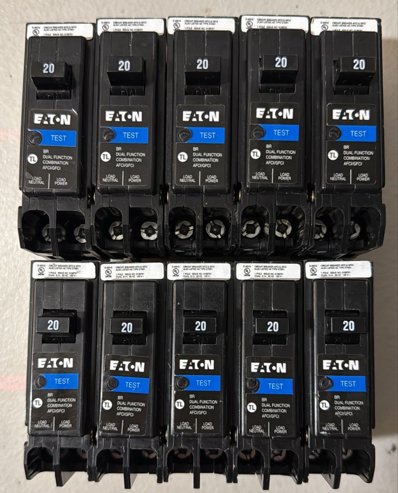 Used 10 PCS Eaton BRP120DF 20A 1 Pole 120V Dual Function AF/GF PlugOn-N Breaker