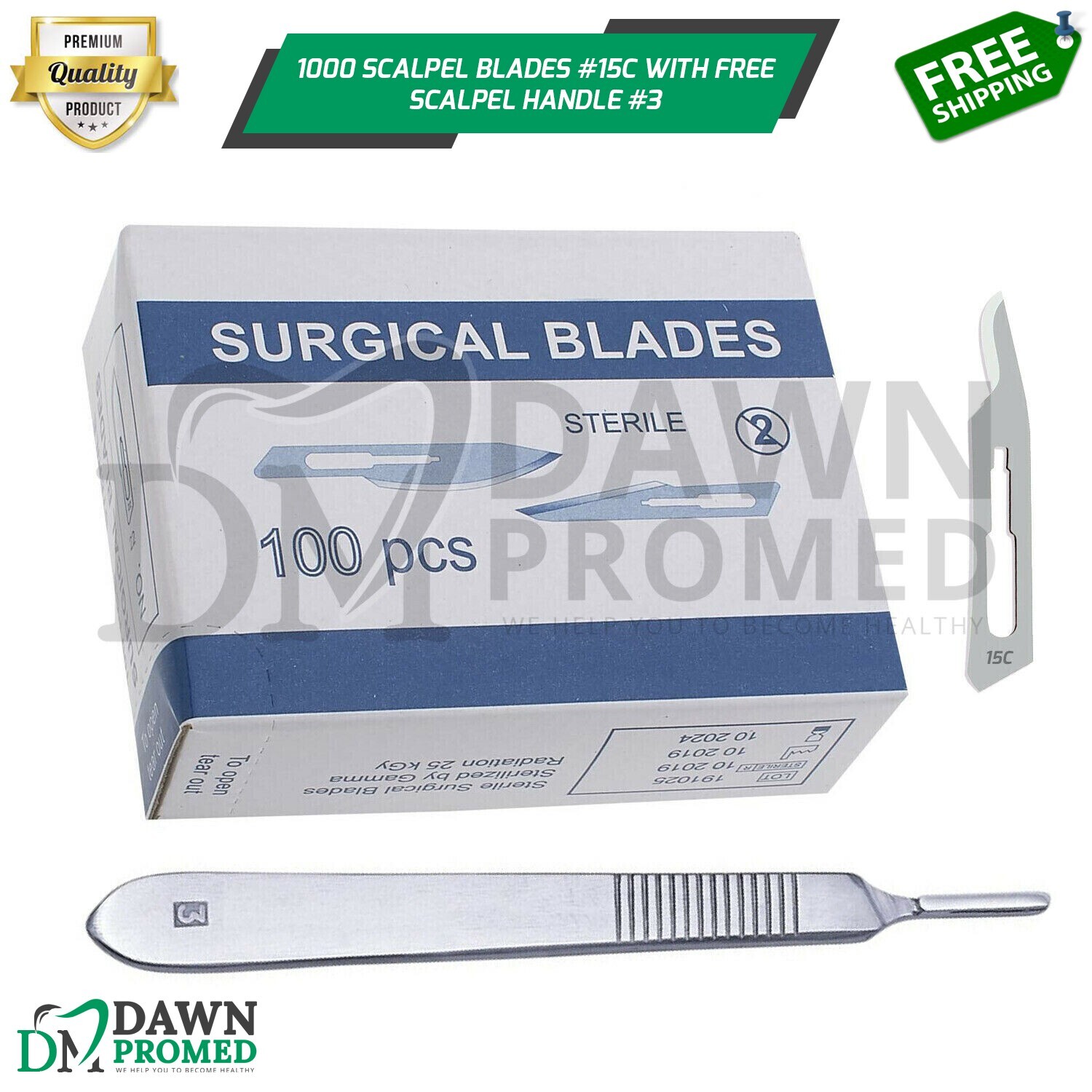 1000 Sterile Surgical Blades #15C with BP Scalpel Handle #3 Medical ENT Dental