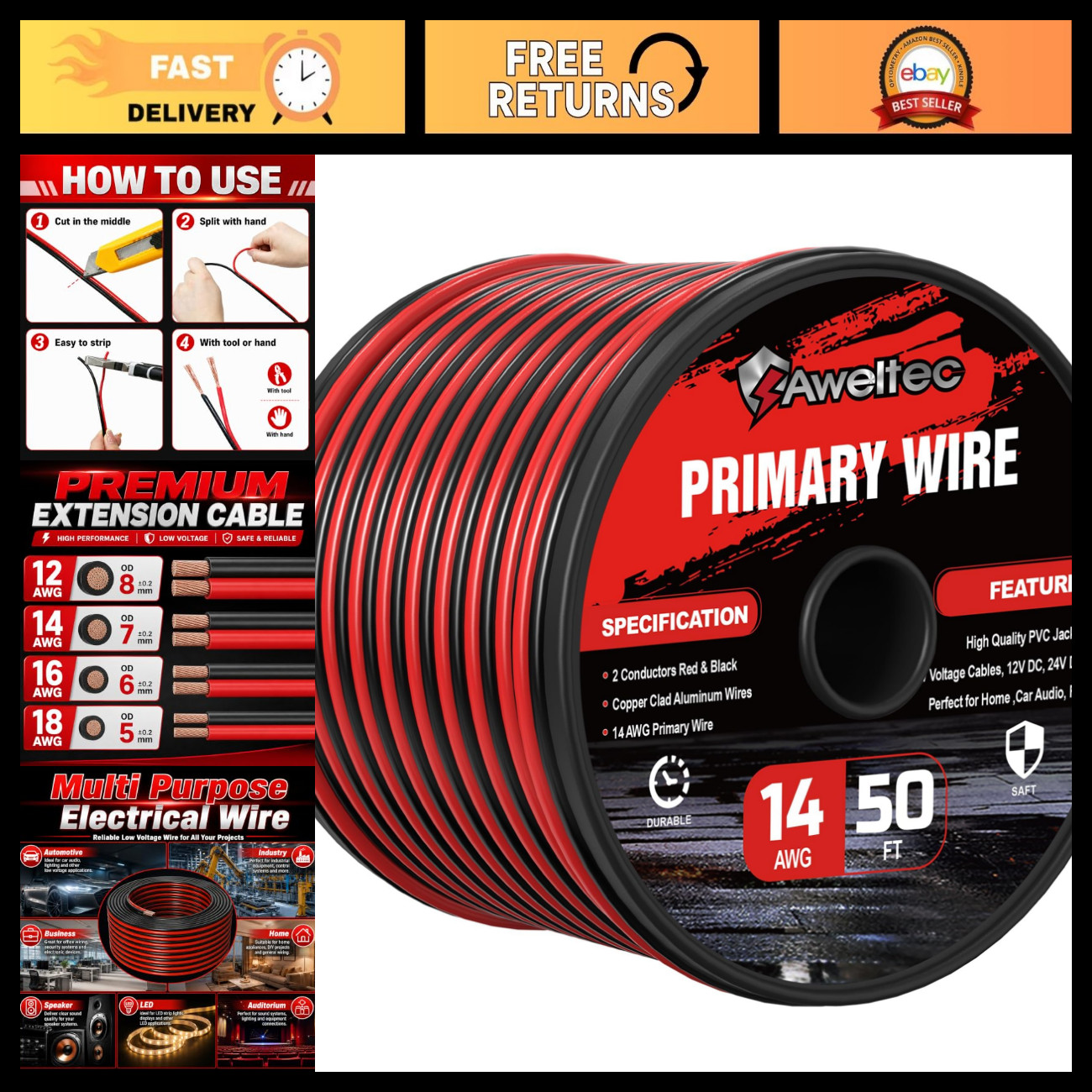 50FT 14 Gauge 2 Conductor CCA Red Black Electrical Wire - Heavy Duty, Flexible