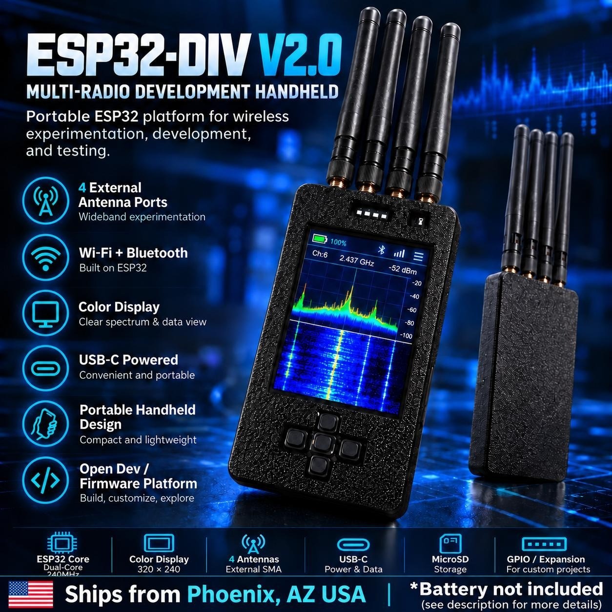 ESP32-DIV V2.0 WiFi Bluetooth NRF24 RF Development Board + 3D PRINTED CASE + USA