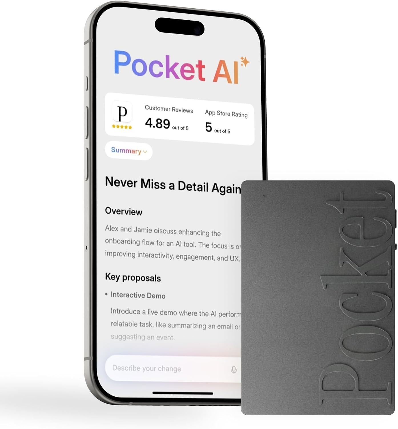 Pocket AI Voice Recorder Note Taker MagSafe Transcription Space Grey iOS Android