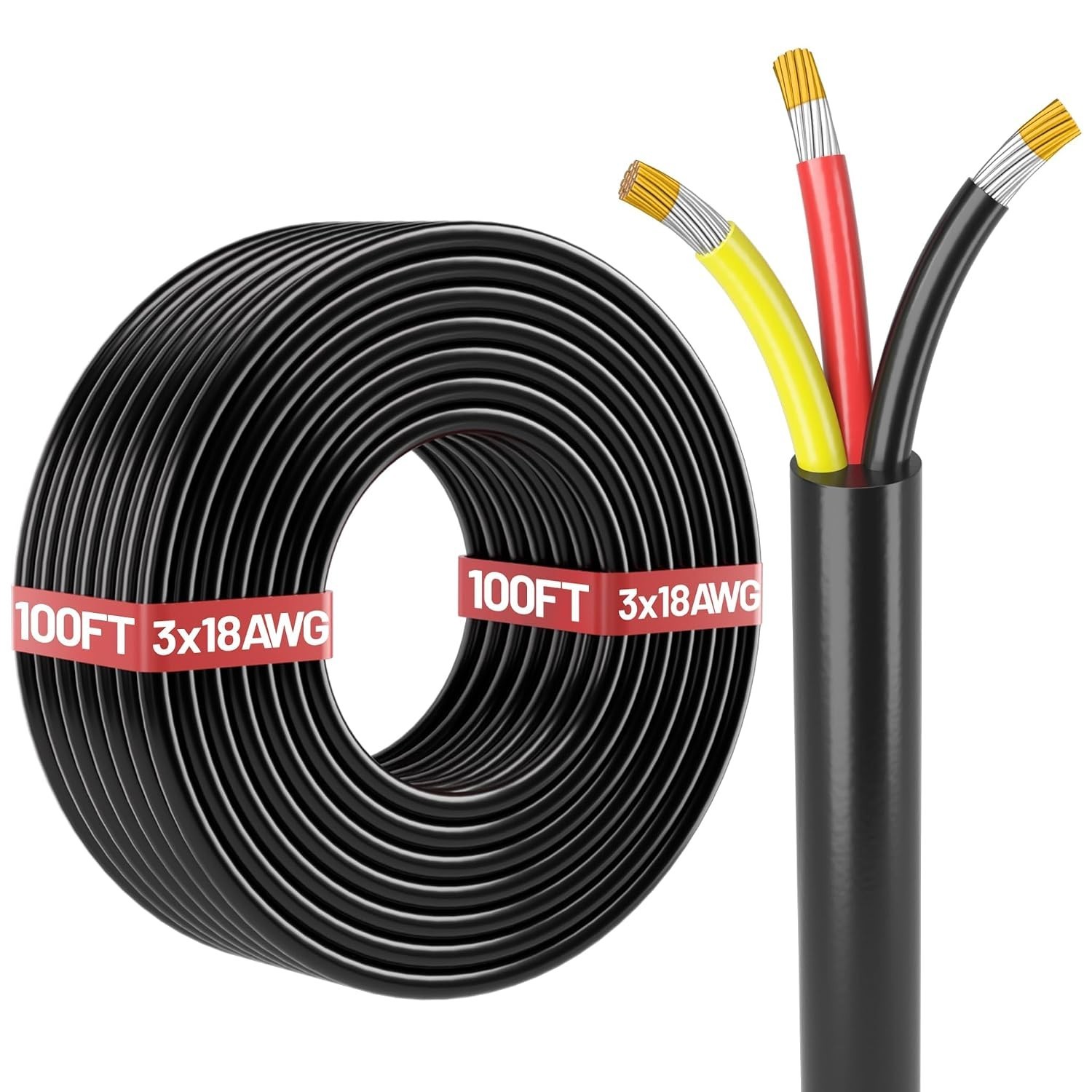 100FT 18 Gauge Wire, 3 Conductor Electrical Stranded PVC Cord