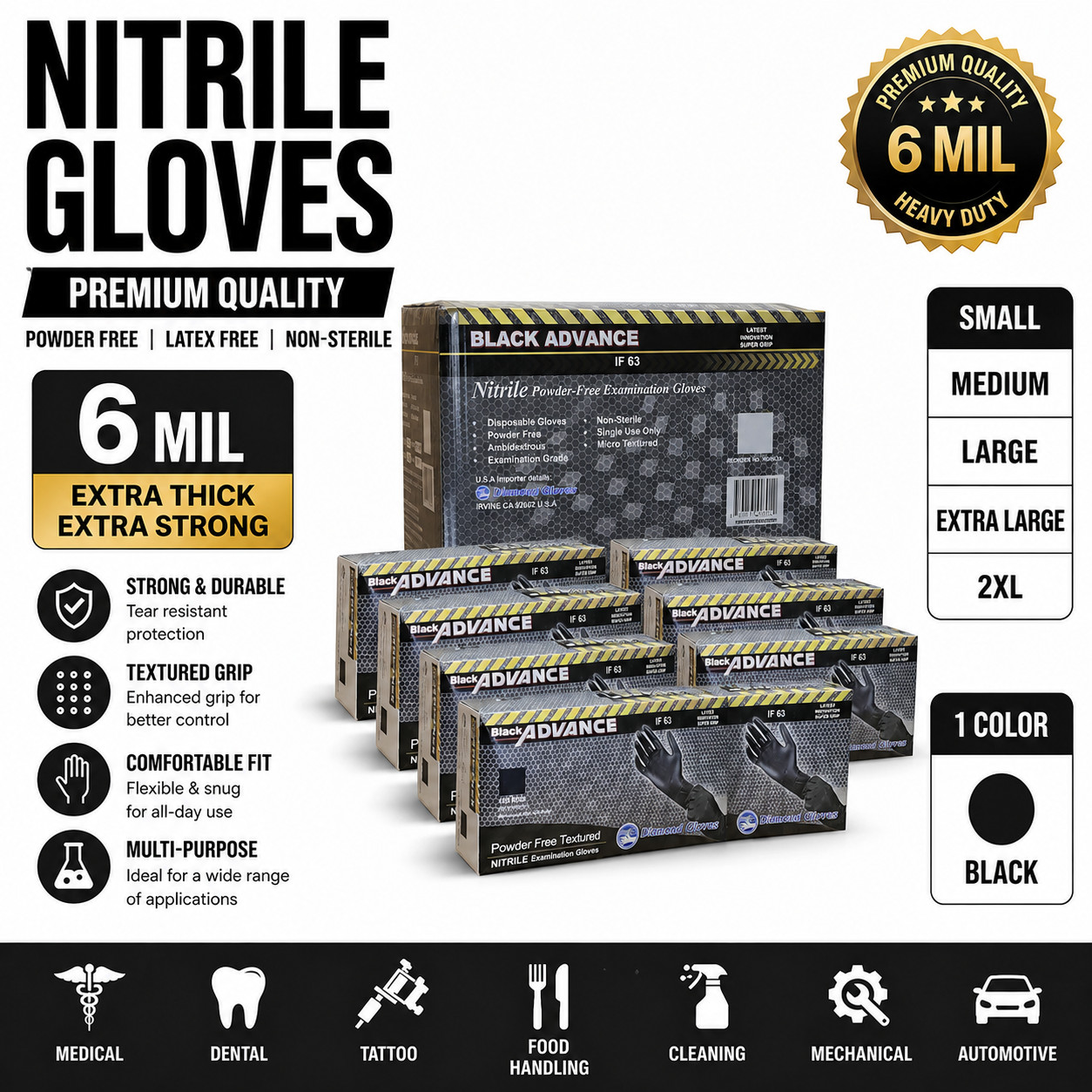 6 Mil Black Nitrile Gloves Premium Heavy Duty Powder-Free Large Size  100/1000