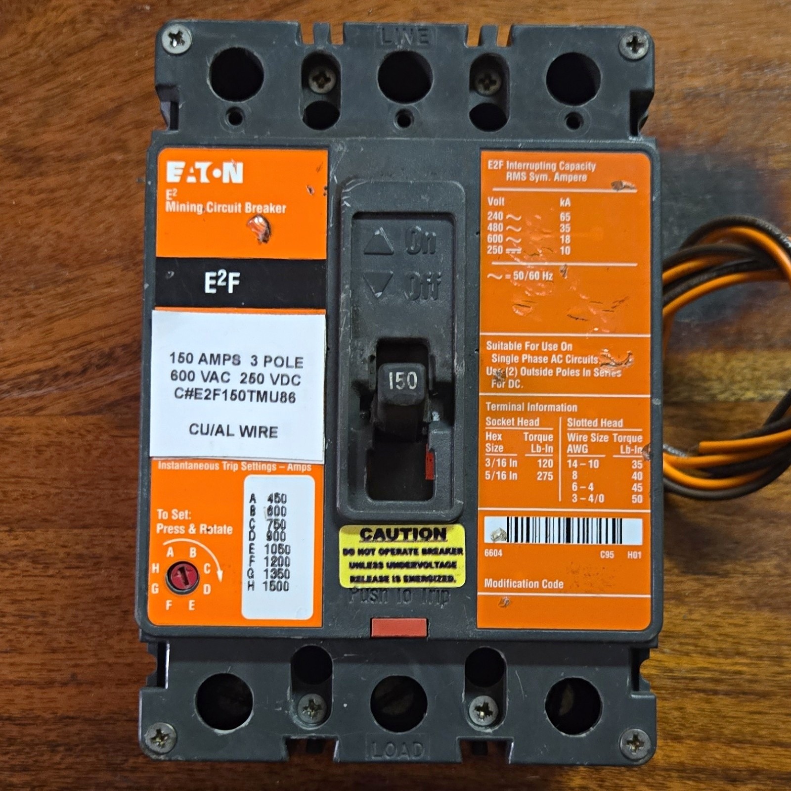 Eaton E2F E2F150TMU86 150A 3-Pole Circuit Breaker 600VAC 250VDC Mining