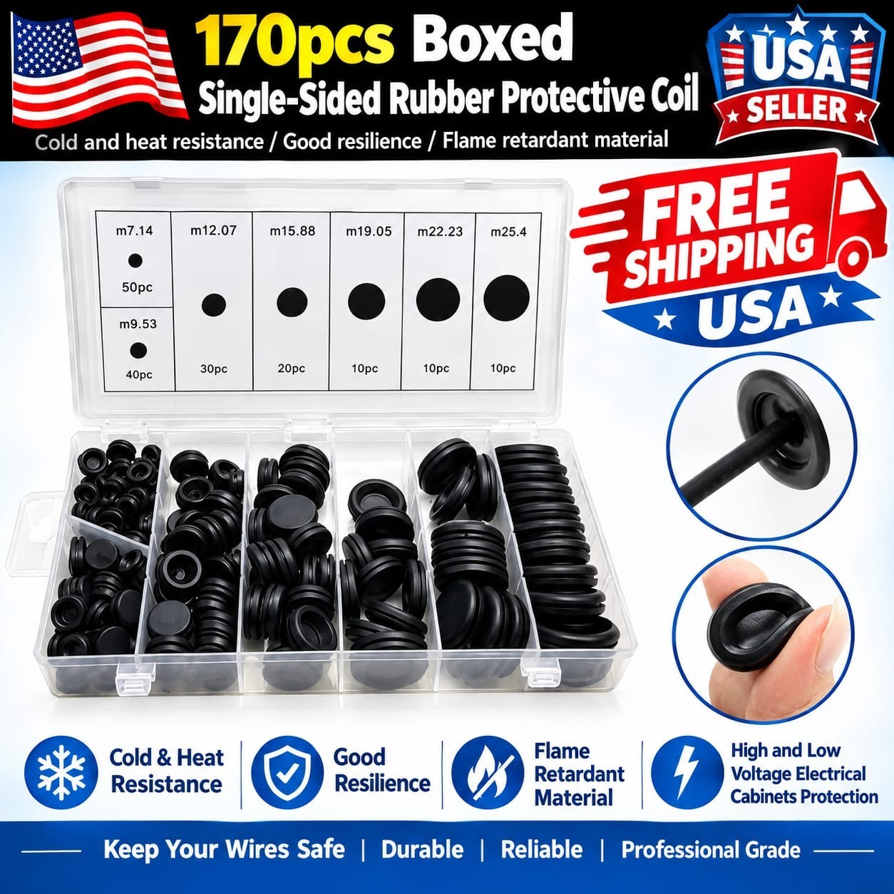 170PCS Rubber Grommet Firewall Hole Plug Electrical Wiring Gasket Assortment Kit