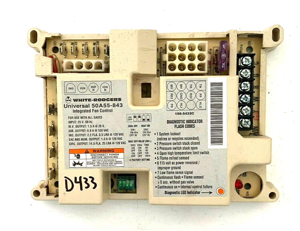 White Rodgers 50A55-843 Universal Integrated Fan Control Circuit Board used D433