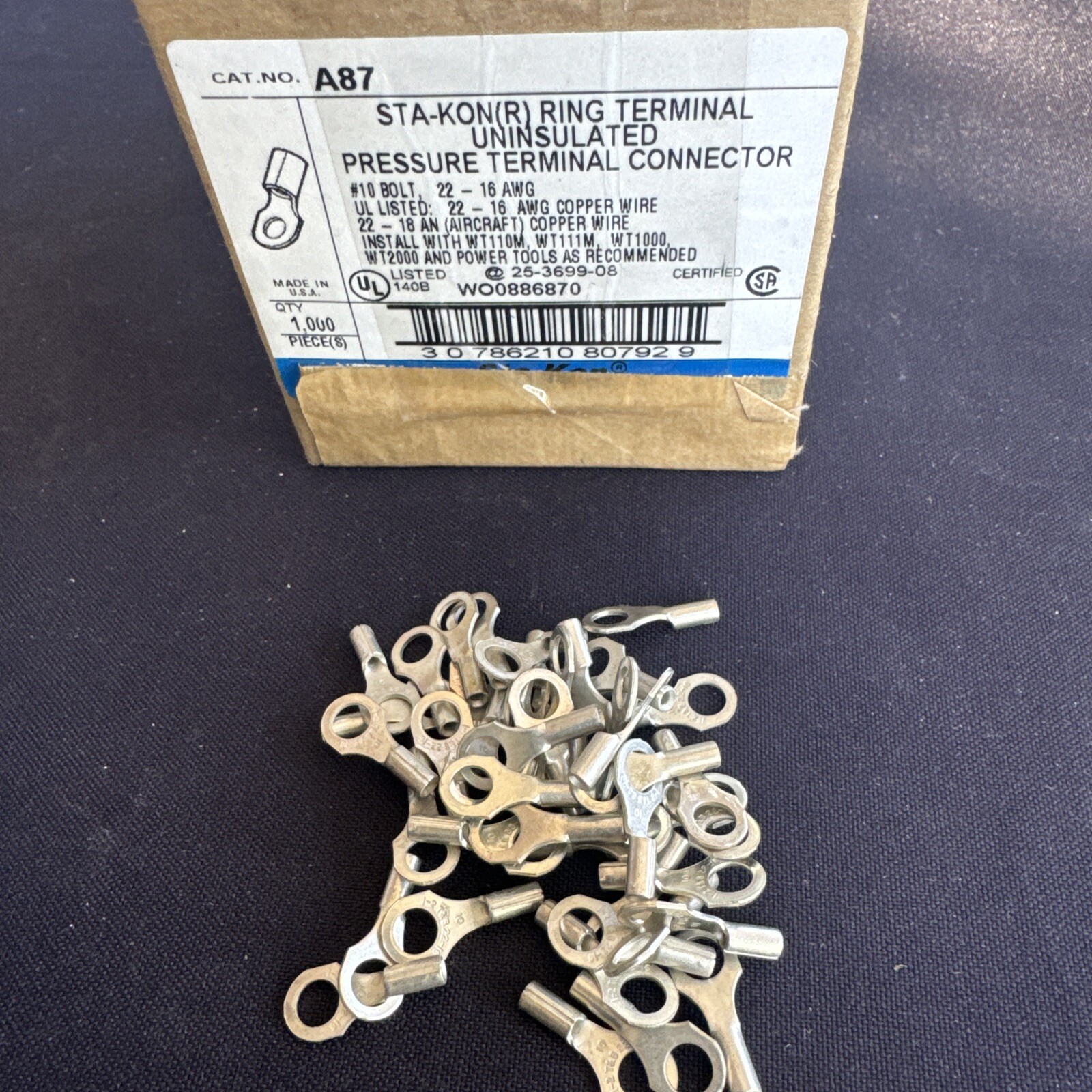 Lot Of 100 Thomas & Betts A87 Non-Ins Ring Term 22-16 #10
