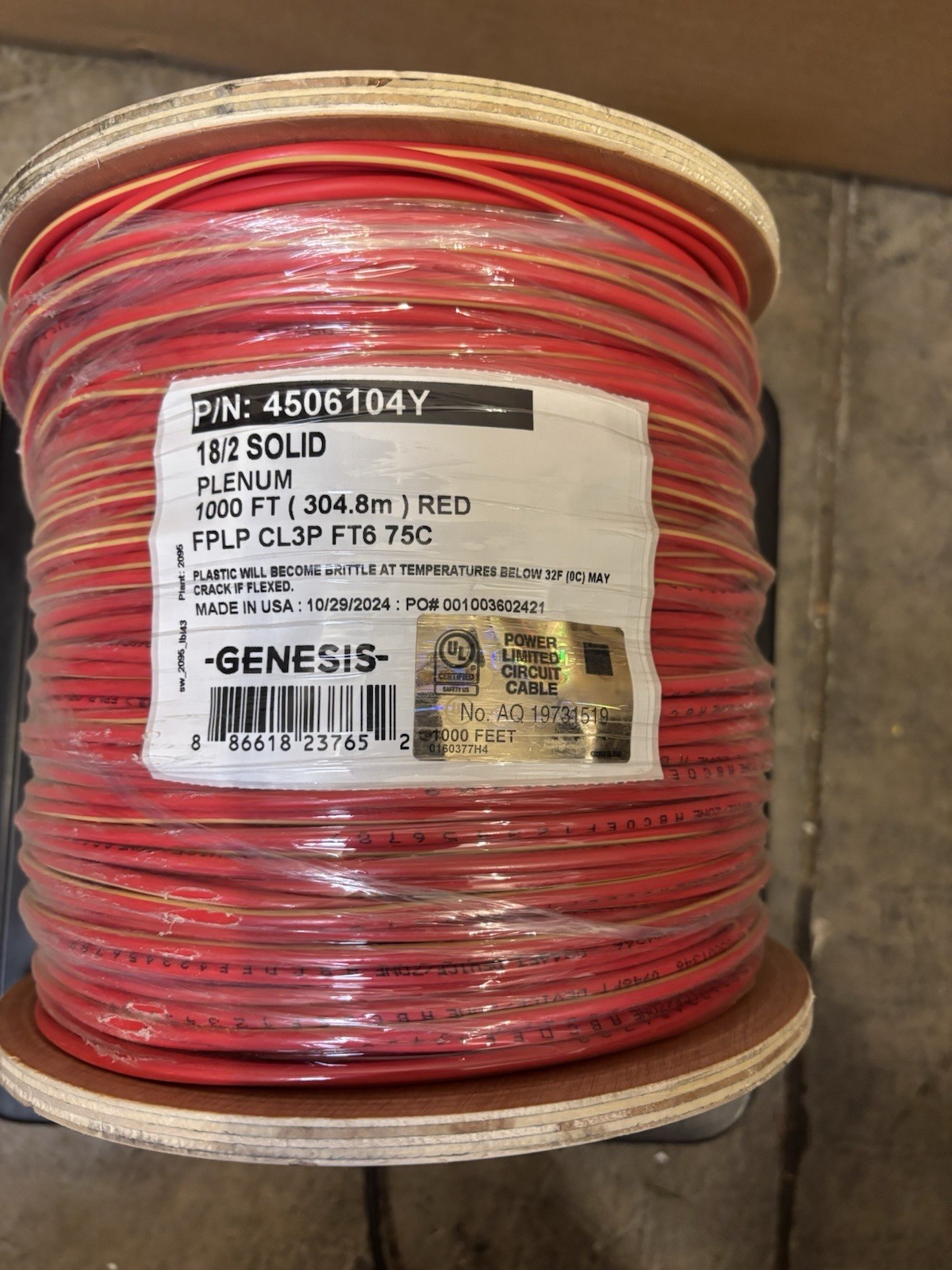 Honeywell 4506104Y Genesis 18/2 Plenum 1000' Red 18AWG Solid Copper FPLP CL3P
