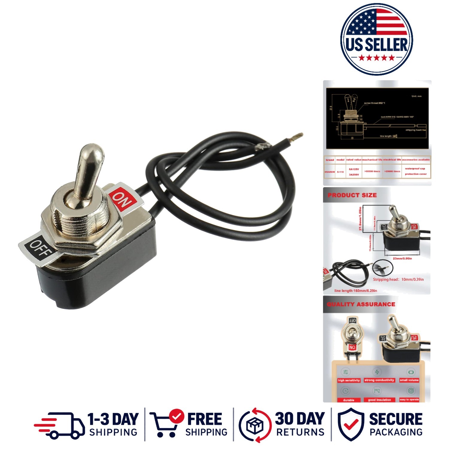 Heavy Duty Toggle Switch SPST 2 Pin ON/Off Rocker Toggle Switch 6A/125V 3A/25...