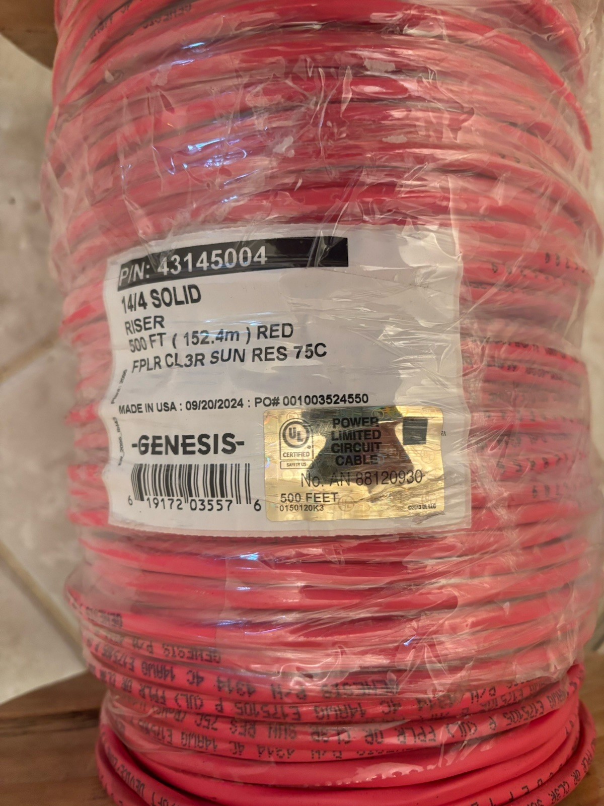 Genesis 14/4 Solid Riser FPLR Fire Alarm Cable Red 500' 43145004