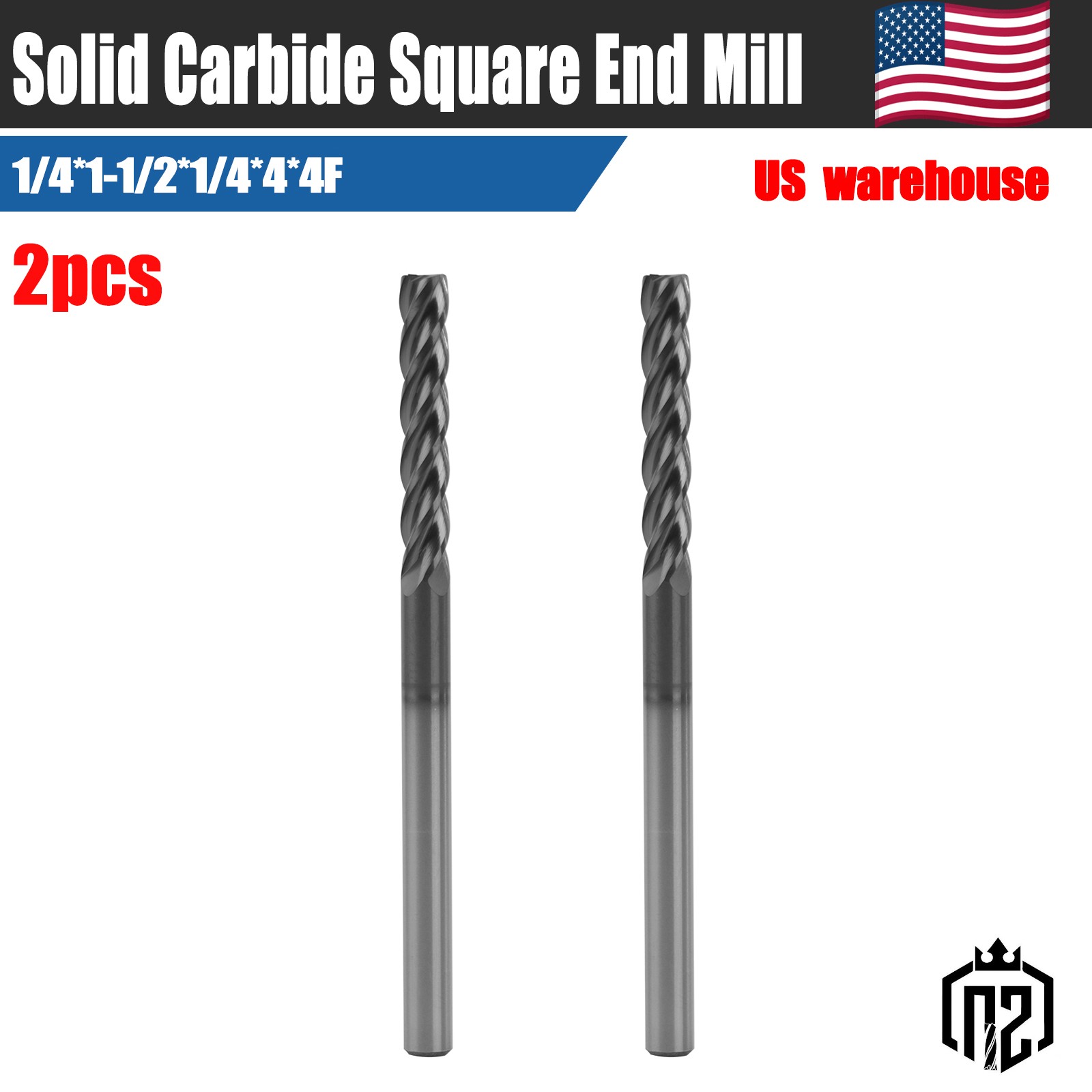 2PCS 1/4 Solid Carbide Square End Mill 4 Flute 1-1/2 LOC 4 OAL AlTiN Coated