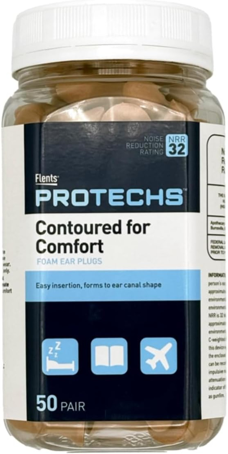 Protechs Contoured for Comfort Ear Plugs, NRR 32, 50 Pair, Beige