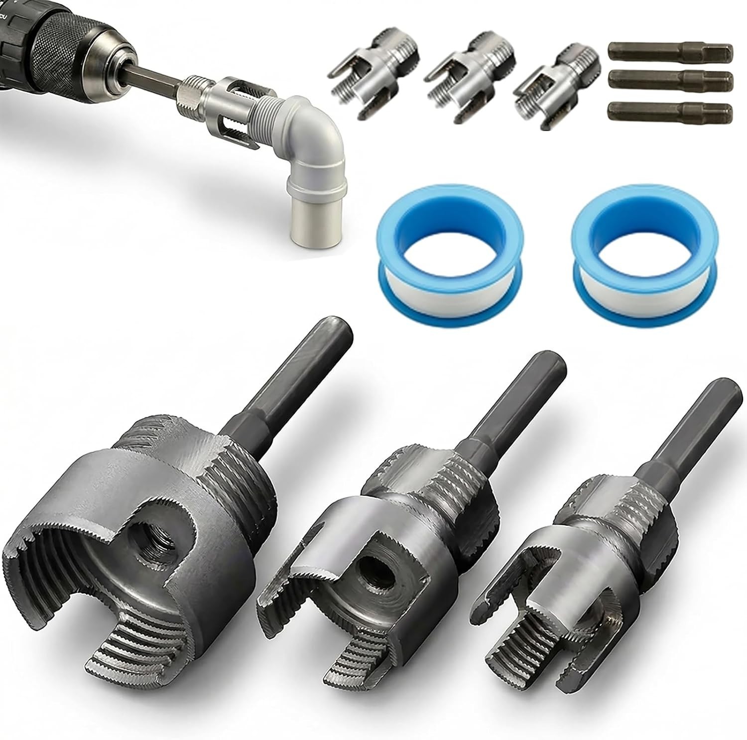3PCS PVC Pipe Threader Kit, Integrated Internal & External Pipe Threading Tool 3PCS PVC Pipe Threader Kit, Integrated Internal & External Pipe Threading Tool