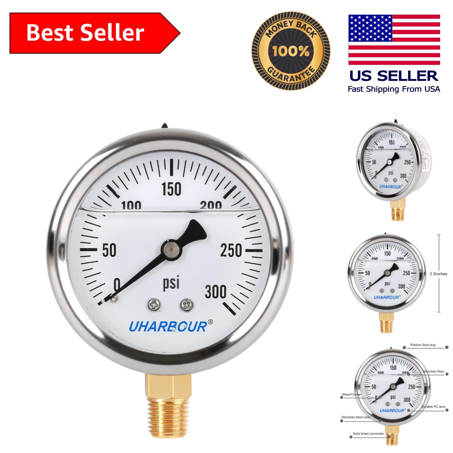High Accuracy 2.5'' Stainless Steel Pressure Gauge, 0-300 PSI - Durable Design