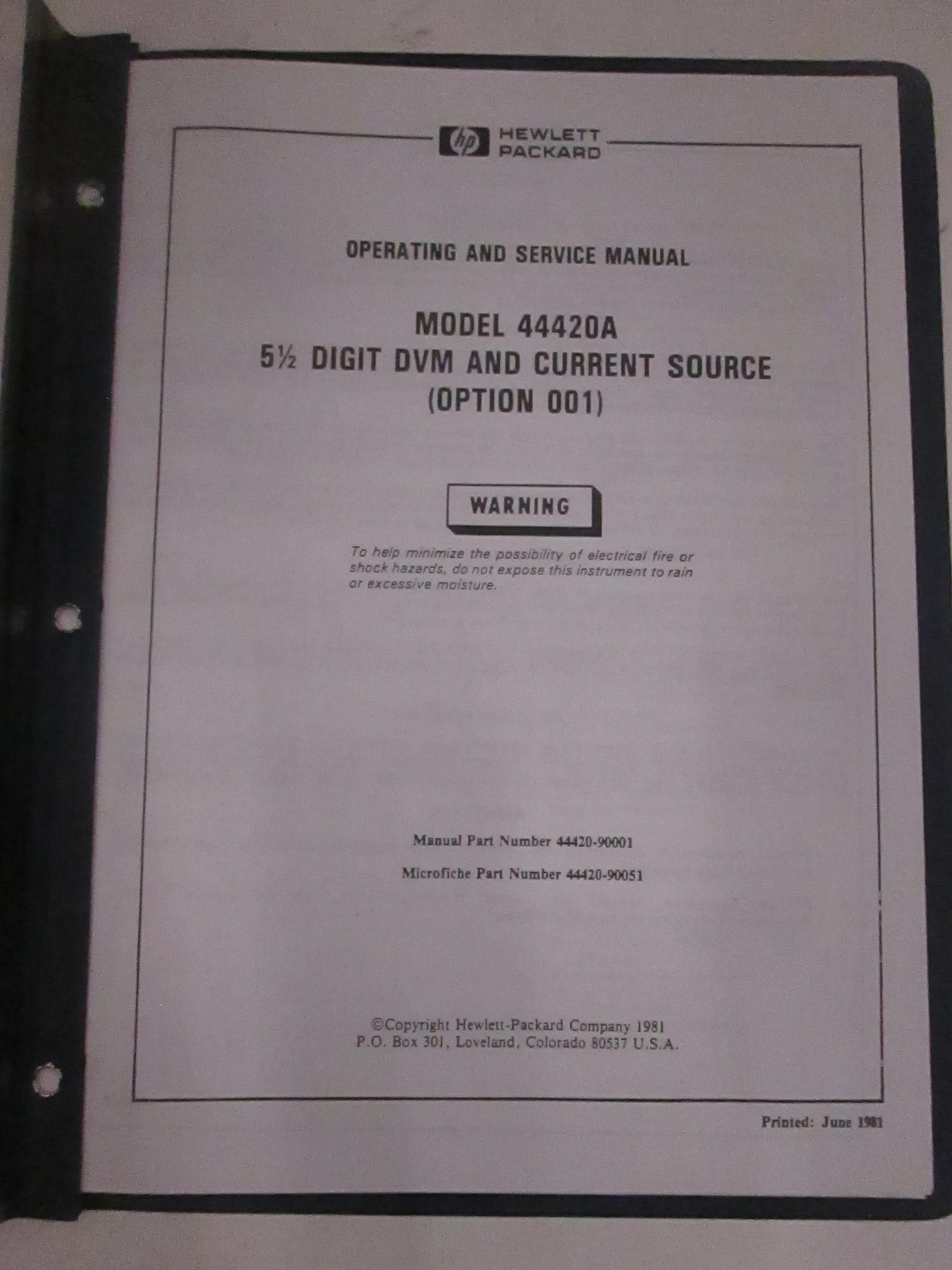 HP Model 44420A, 5 1/2 Digit DVM And Current Source (001) Operating Manual, Used