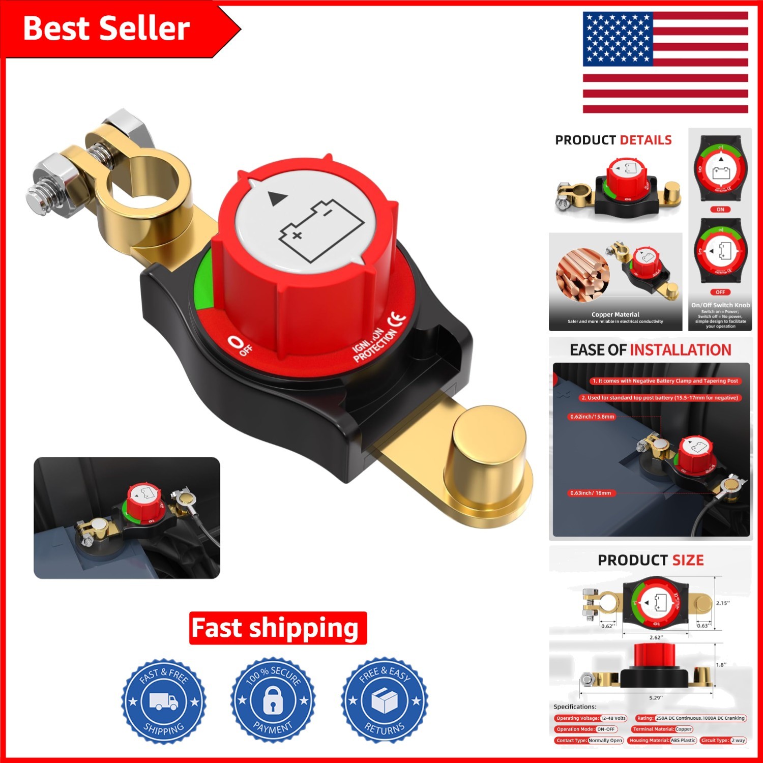 Effortless 12V-48V Battery Disconnect Switch - 250A, Easy Installation, Reliable