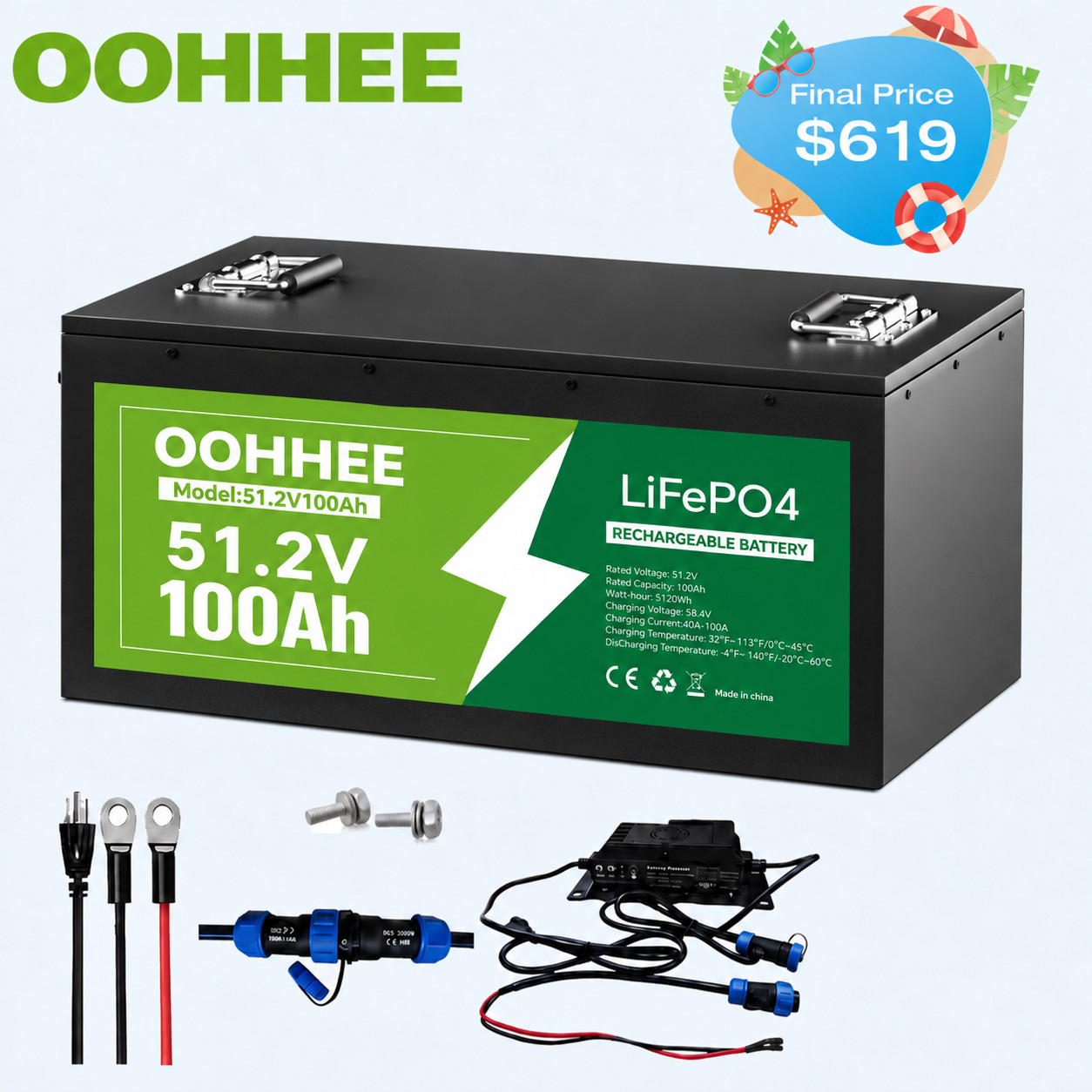 NEW 48V 100Ah LiFePO4 Lithium Battery 5120Wh Built-in BMS with 58.4V 20A Charger