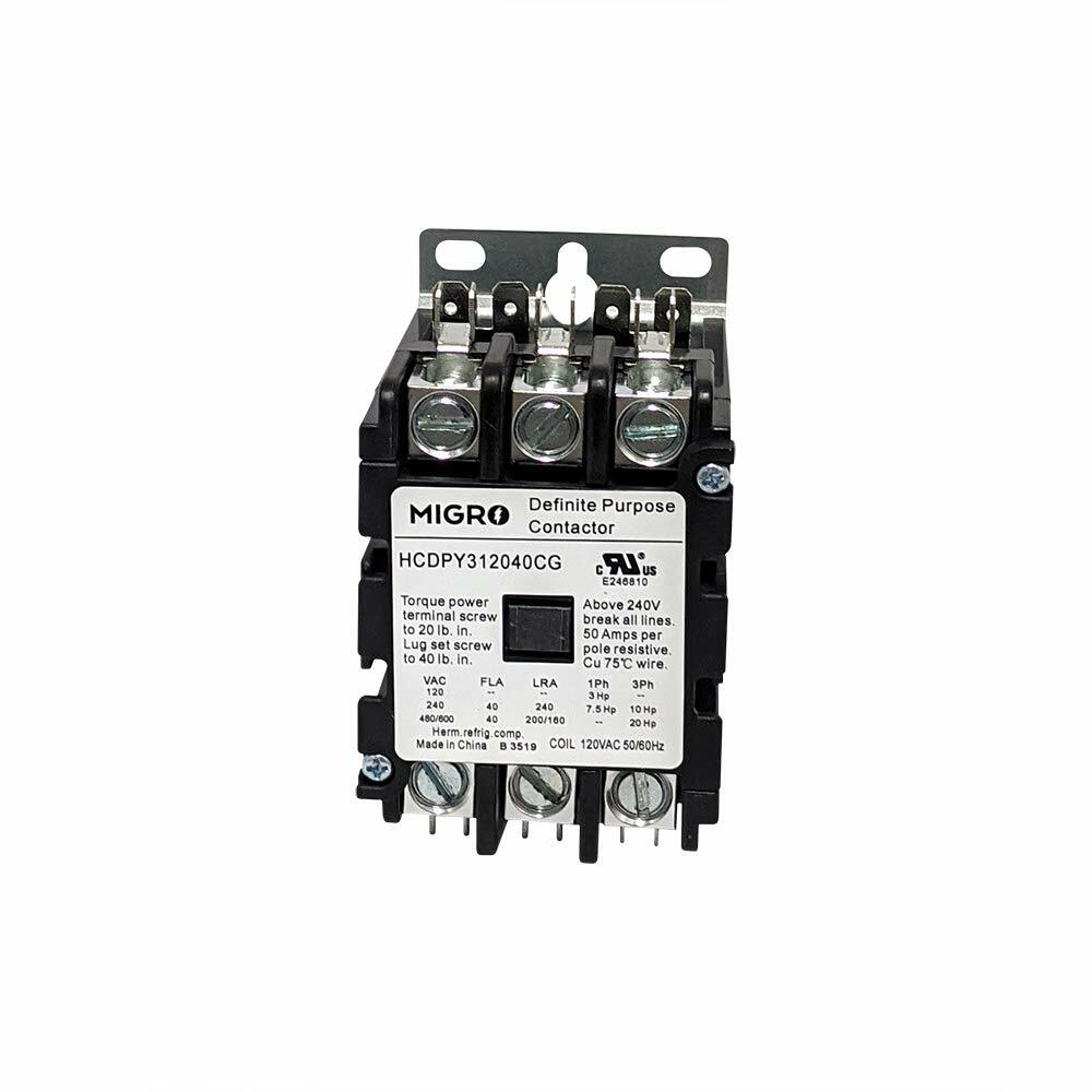 Migro 40A 3 Pole NO NEMA 600V HVAC Definite Purpose Contactor – 110/120VAC