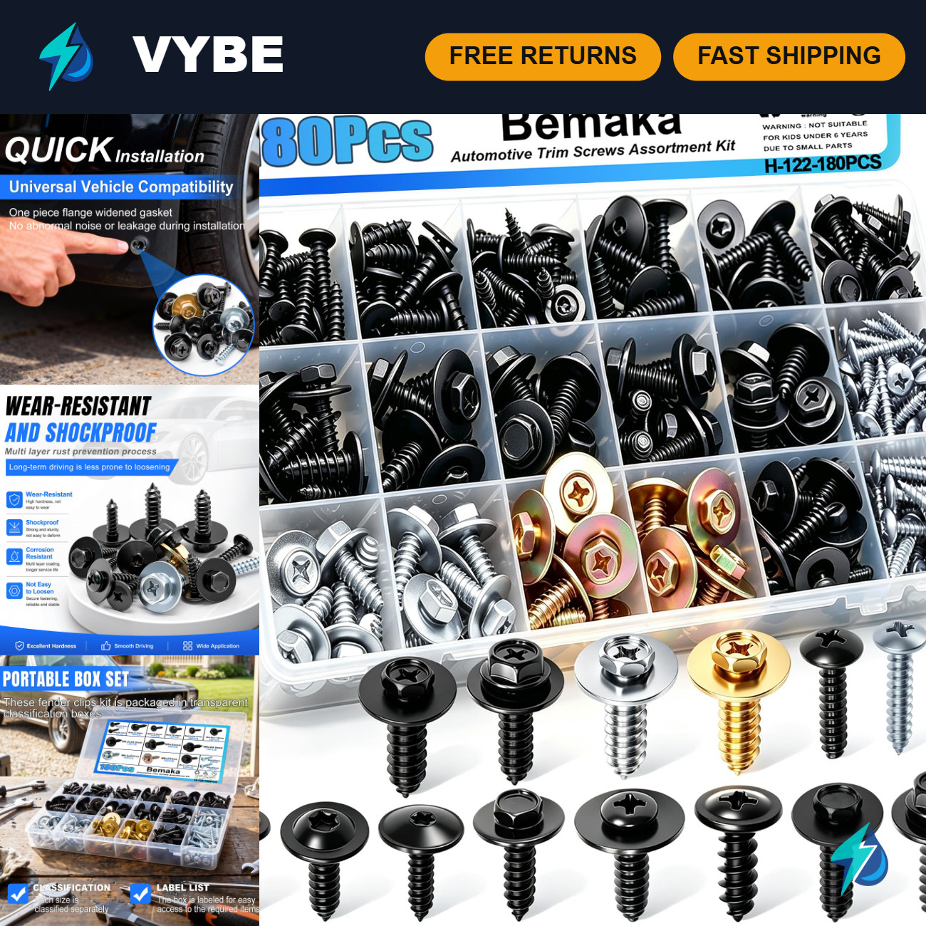 180Pcs Automotive Trim Screws Assortment Kit - 15 Sizes Car Body Fasteners