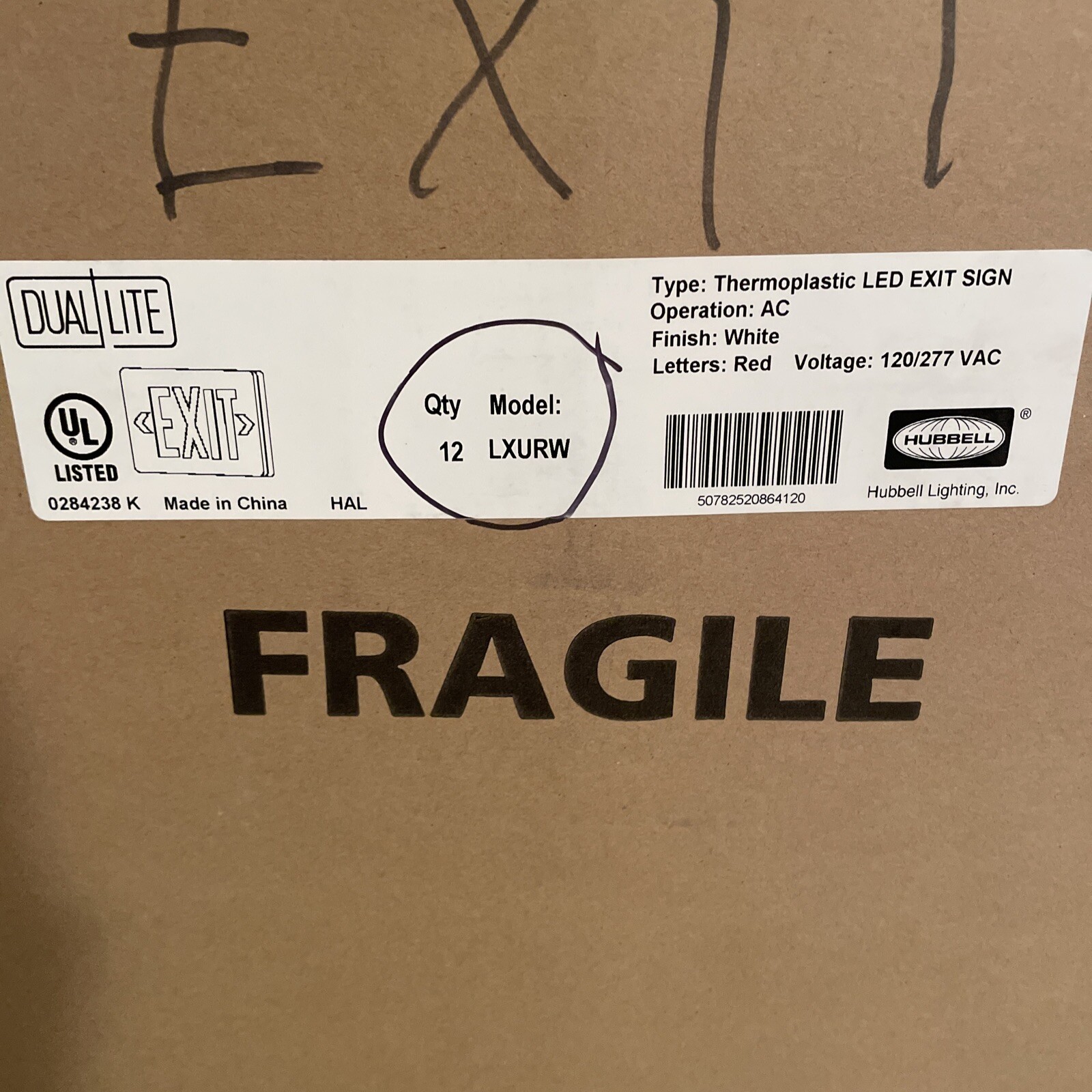 DUAL LITE Thermoplastic Led Exit Sign White With Red Letters 120/277VAC Qty-12