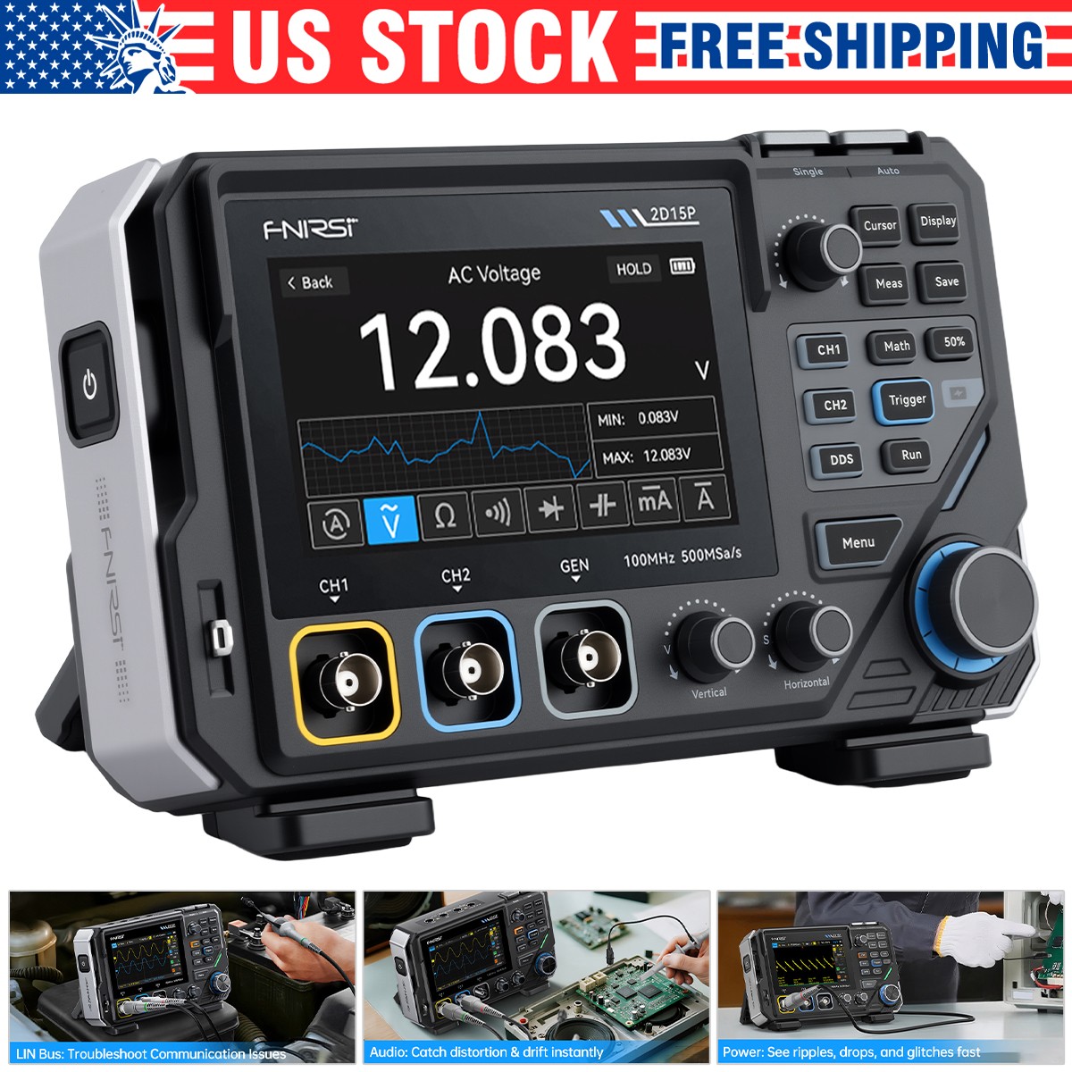FNIRSI 2D15P Touchscreen Digital Oscilloscope Multimeter Signal Generator .. FNIRSI 2D15P Touchscreen Digital Oscilloscope Multimeter Signal Generator ..