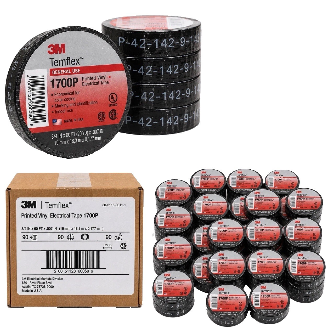 3M Temflex 1700P Printed Vinyl Electrical Tape,1-1/2 x 44 ft,90 rolls. 3M Temflex 1700P Printed Vinyl Electrical Tape,1-1/2 x 44 ft,90 rolls.