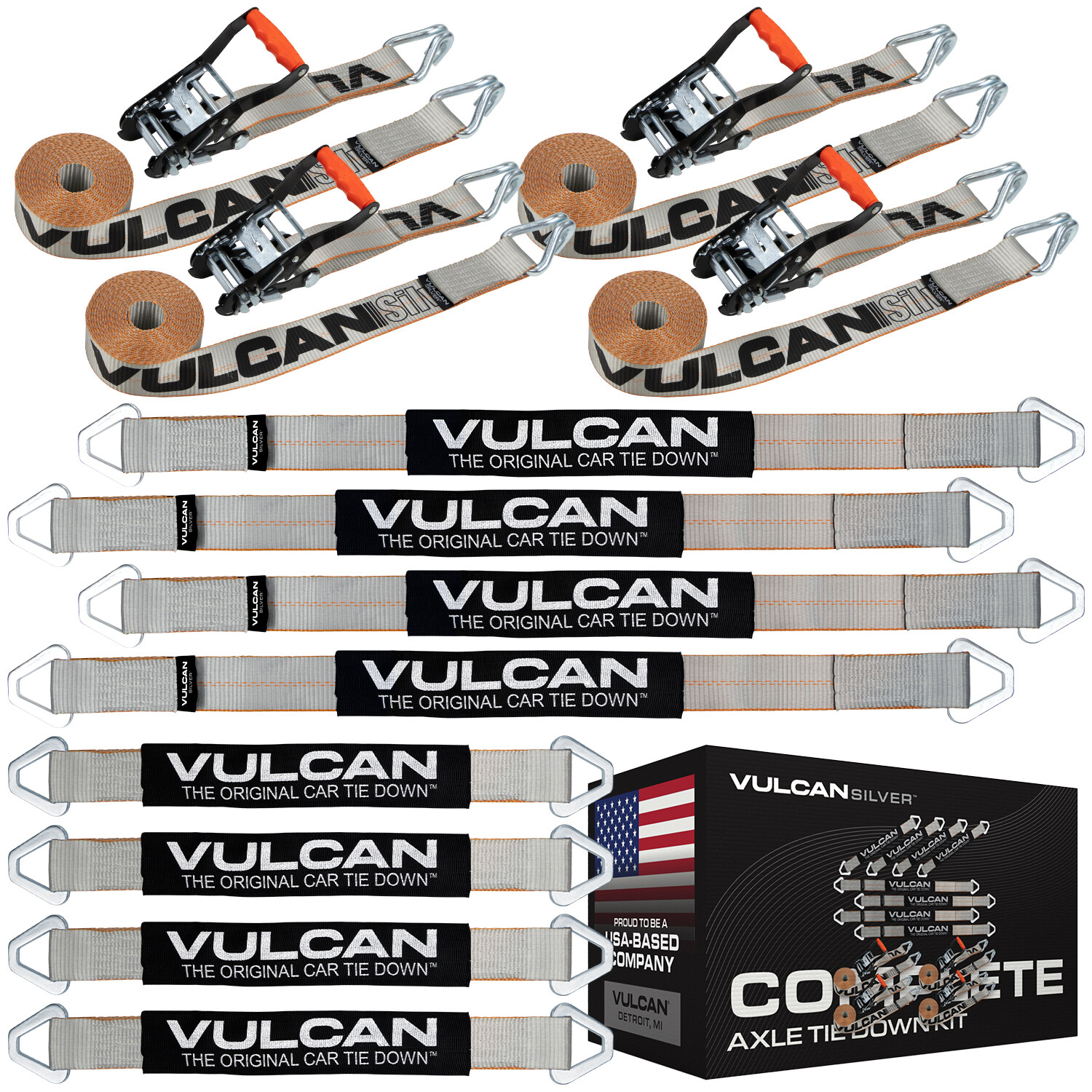 VULCAN Silver Series Axle Strap Tie Down Kit - Wire Hook Ratchet Straps VULCAN Silver Series Axle Strap Tie Down Kit - Wire Hook Ratchet Straps