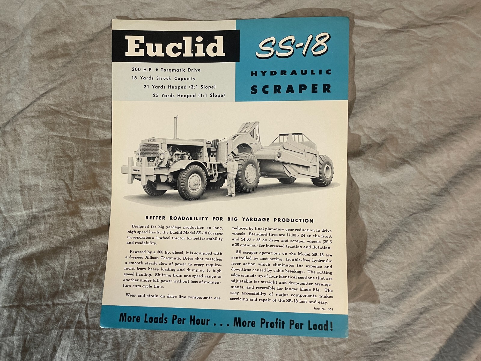 Euclid SS 18 Hydraulic Scraper Brochure Spec Sheet 1950\'s Vintage