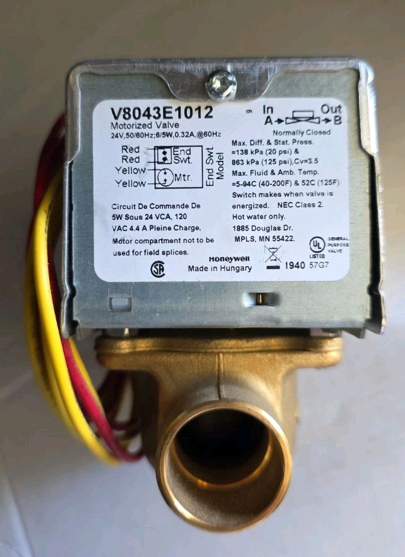 Honeywell V8043E1012 Motorized Zone Valve 24V 3/4in - New NO BOX