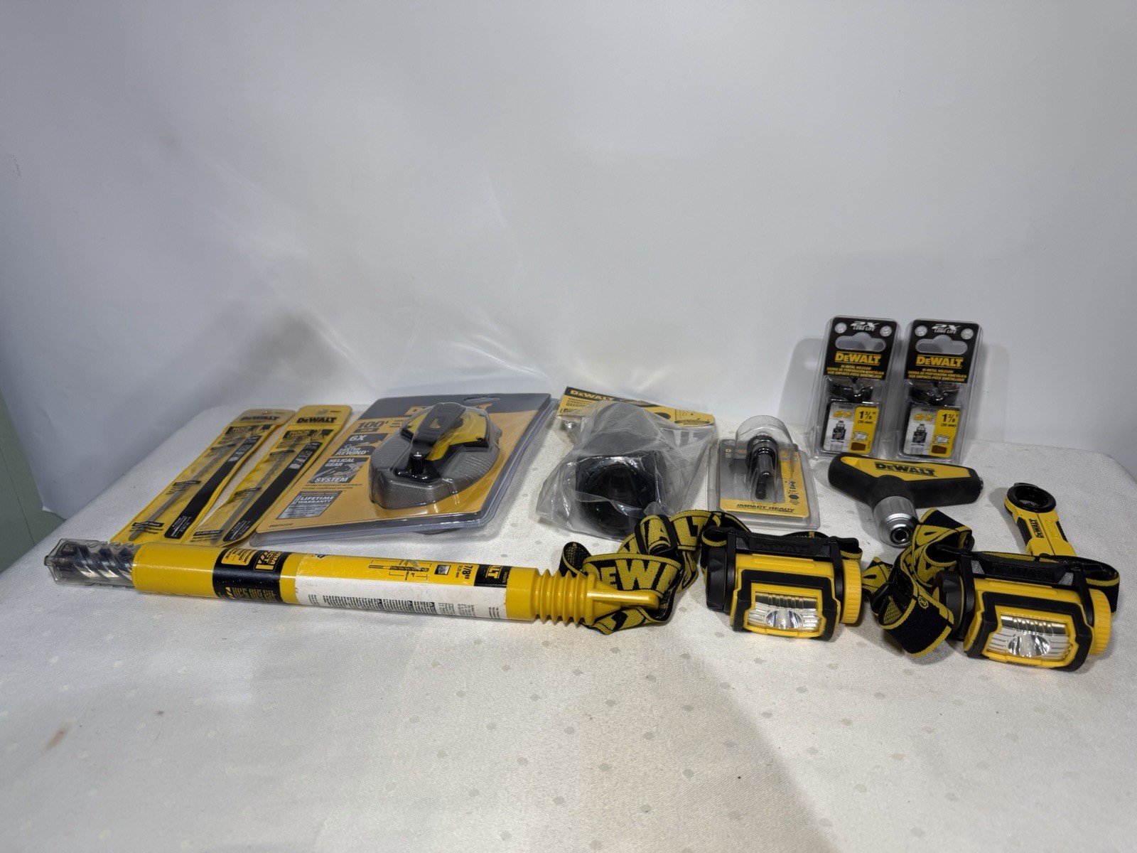 DEWALT Tool Accessory Lot Drill Bits Chalk Reel Hole Saws Headlamps Hand Tools