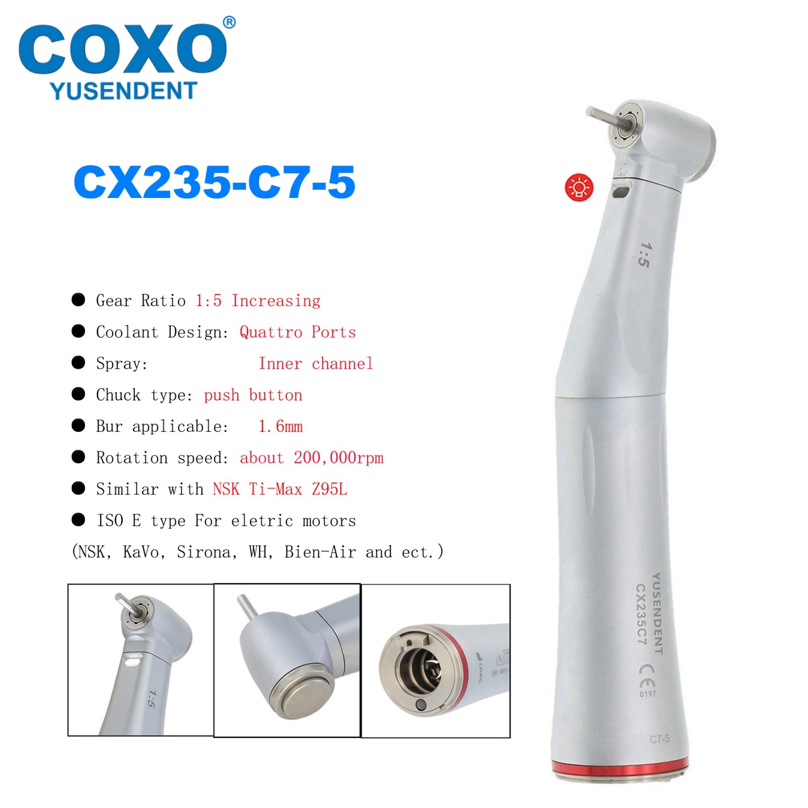 COXO CX235-C7-5 1:5 Increasing Dental Contra Angle Handpiece Fiber Optic COXO CX235-C7-5 1:5 Increasing Dental Contra Angle Handpiece Fiber Optic
