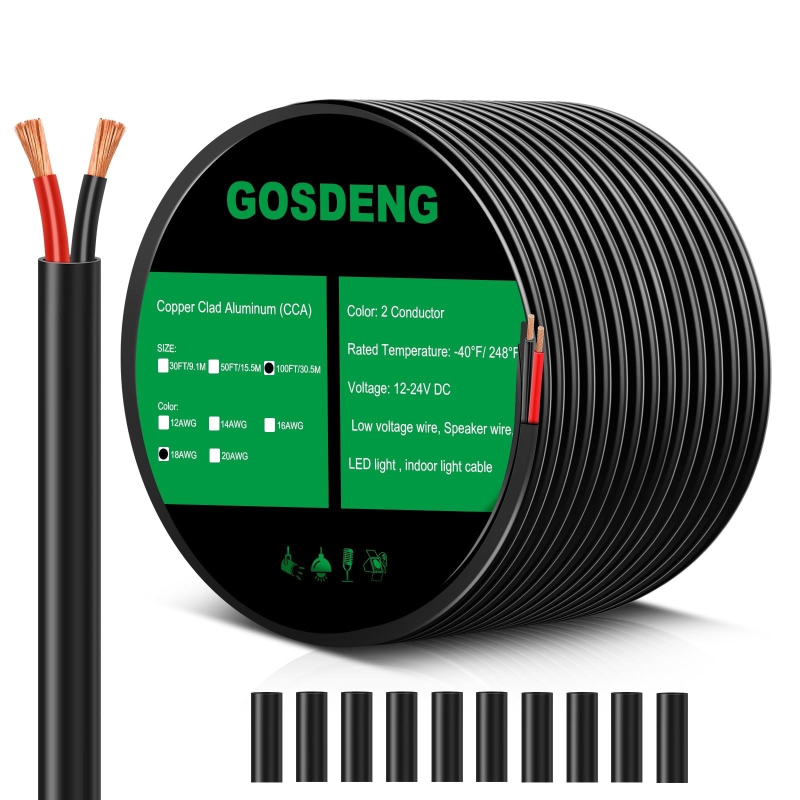 18 Gauge 2 Conductor PVC Wire 100FT 18/2 Low Voltage Copper Cable Outdoor NES US