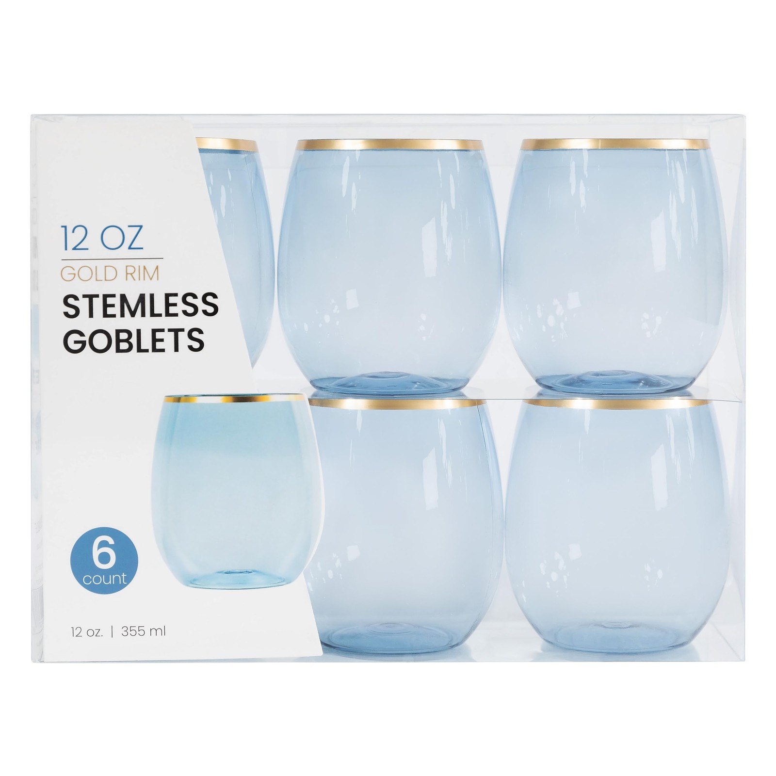 PLASTICPRO 6 Pack Blue With Gold Rim Plastic Wine 12 ounce, &
