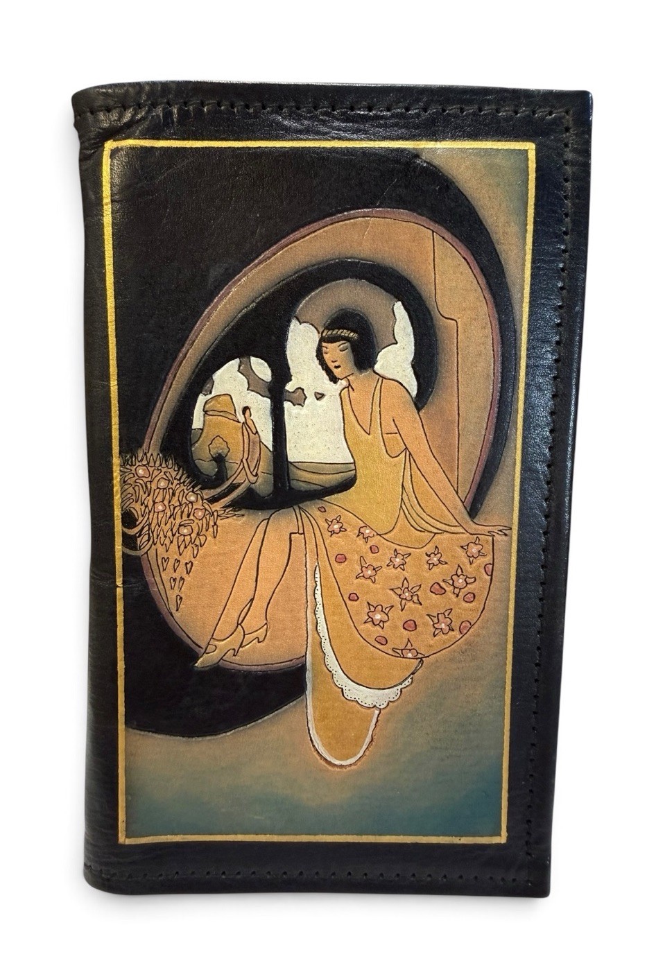 Vintage 70s Art Deco Revival Leather Planner Address Book Cover Flapper Woman