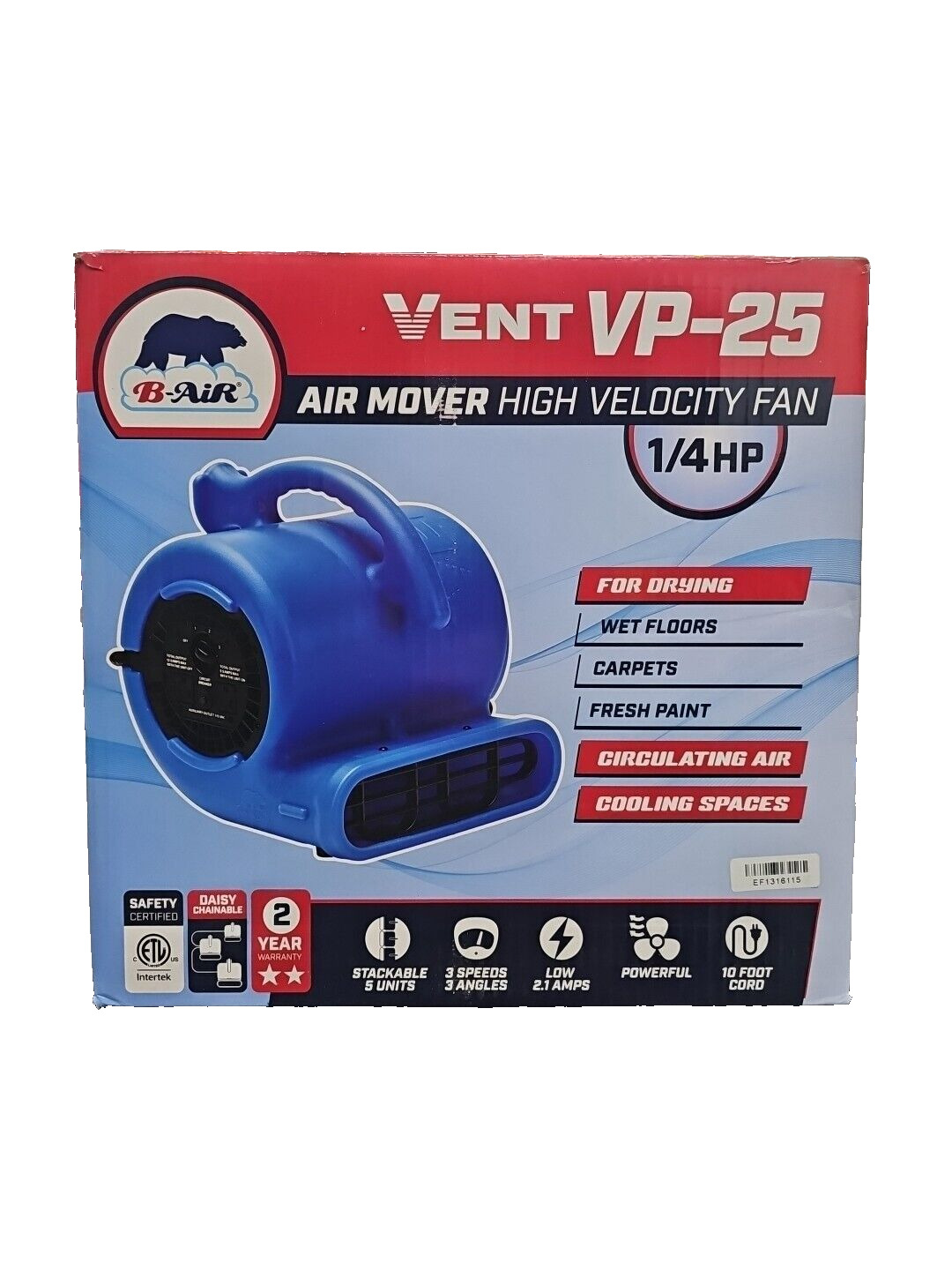 B-Air VP-25  1/4 HP Air Mover Blower Fan for Water Damage Restoration Dryer