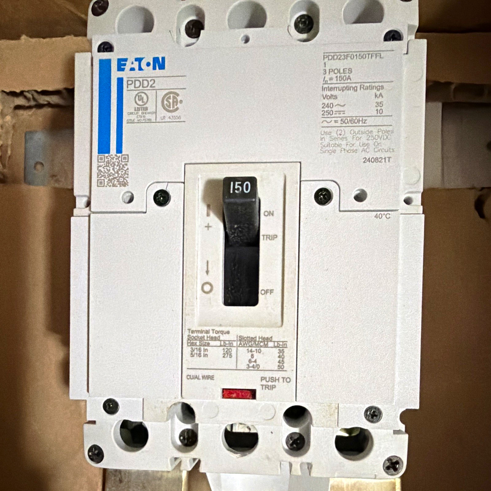 Eaton PDD2 PDD23F0150TFFL 150A 3-Pole Circuit Breaker 240VAC Trip