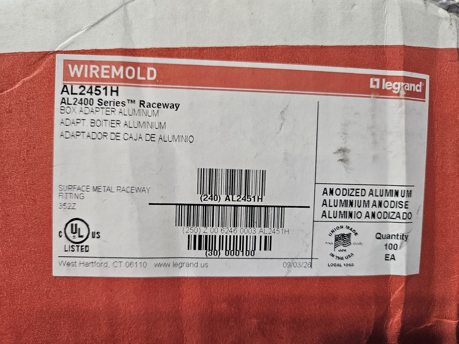 Case Of 100 - Wiremold Box Adapter Aluminum 4 1/2