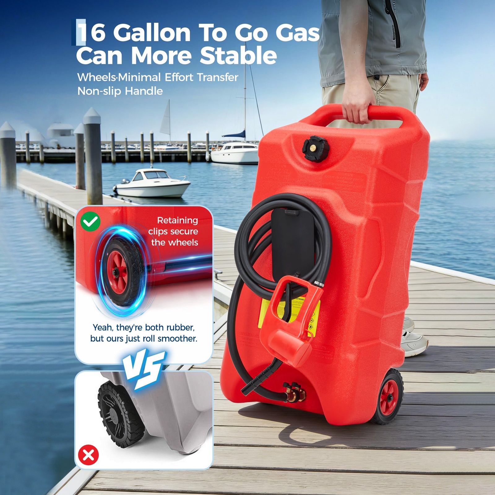 Garvee 16 Gallon Gas Caddy Fuel Tank Manual Pump 10Ft Hose Casters For Car Boat