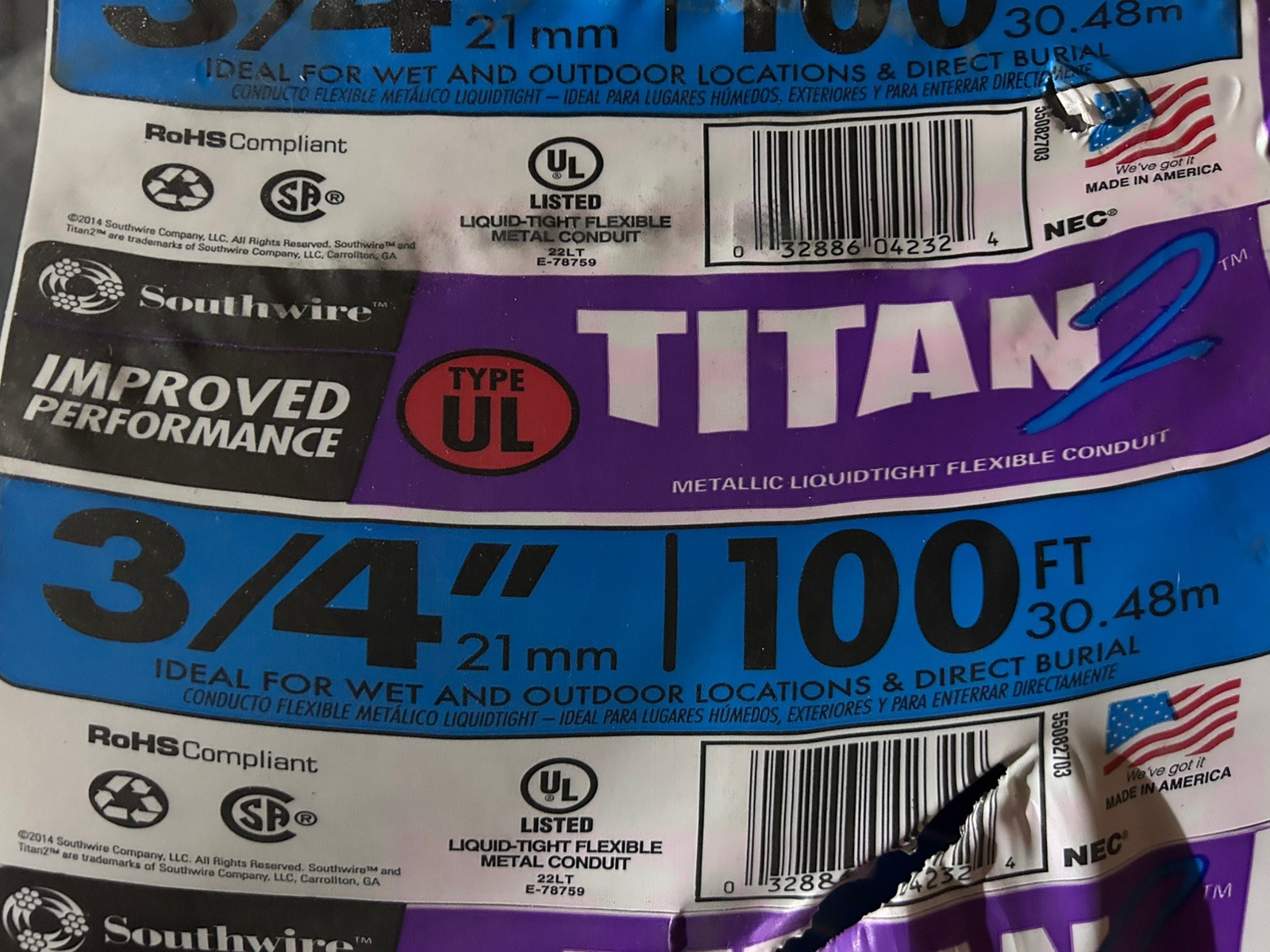 NEW Southwire 3/4 in. x 100 ft Liquidtight Flexible Metallic Titan Steel Conduit