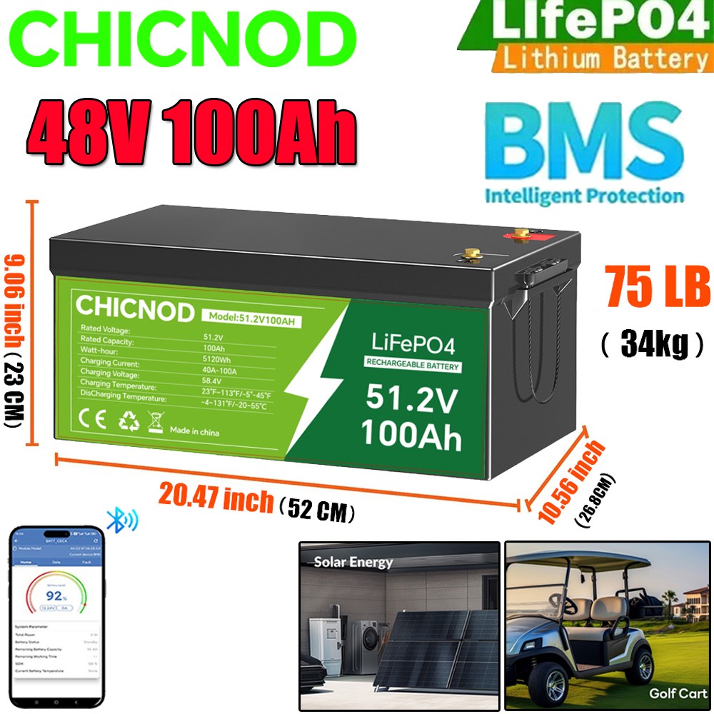 NEW 48V/51.2V 100Ah LiFePO4 Lithium Battery Built-in BMS Bluetooth For Golf Cart