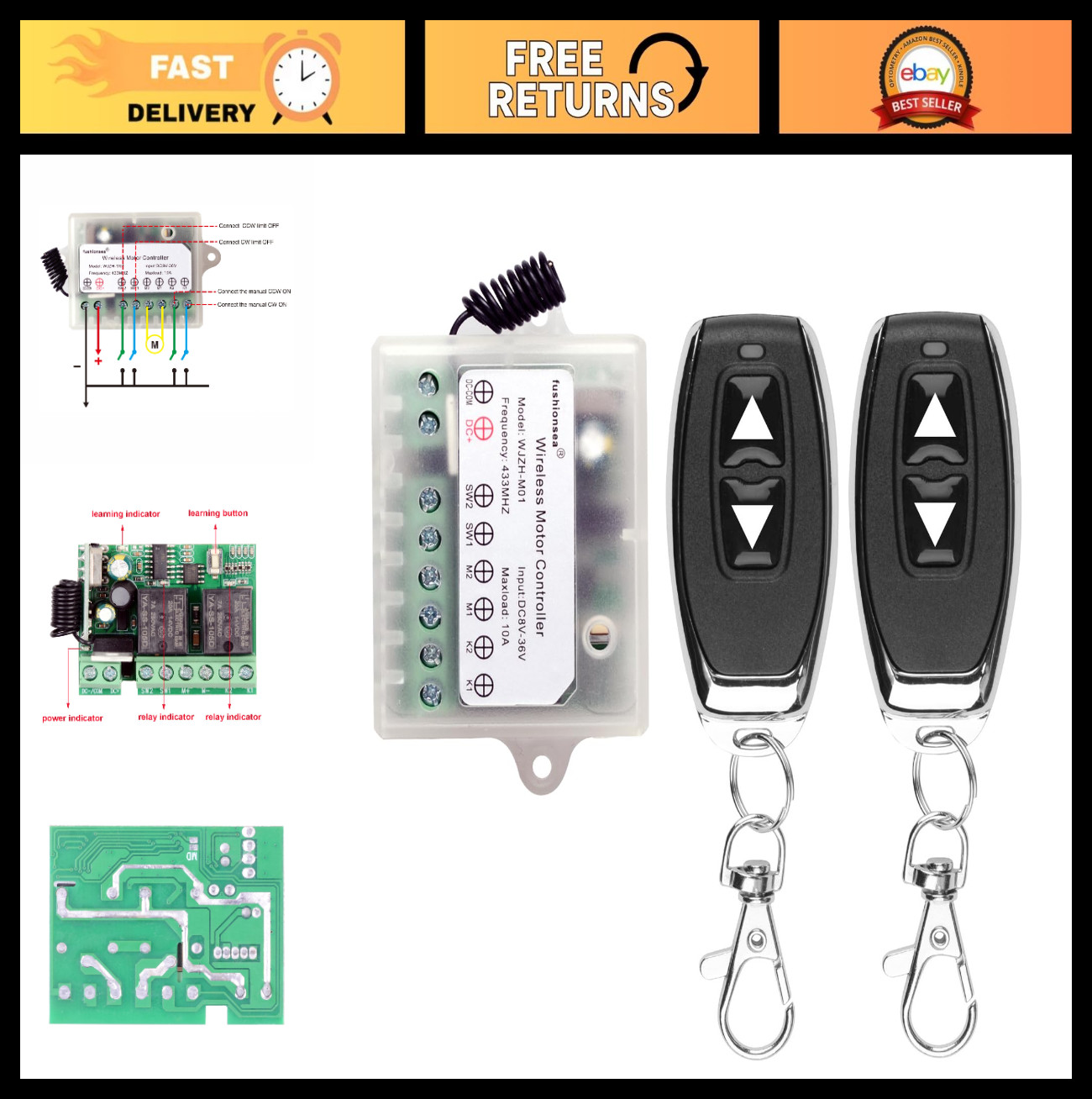 8V 12V 24V 36V Motor Remote Switch for Linear Actuator, 433MHz Relay Control 10A