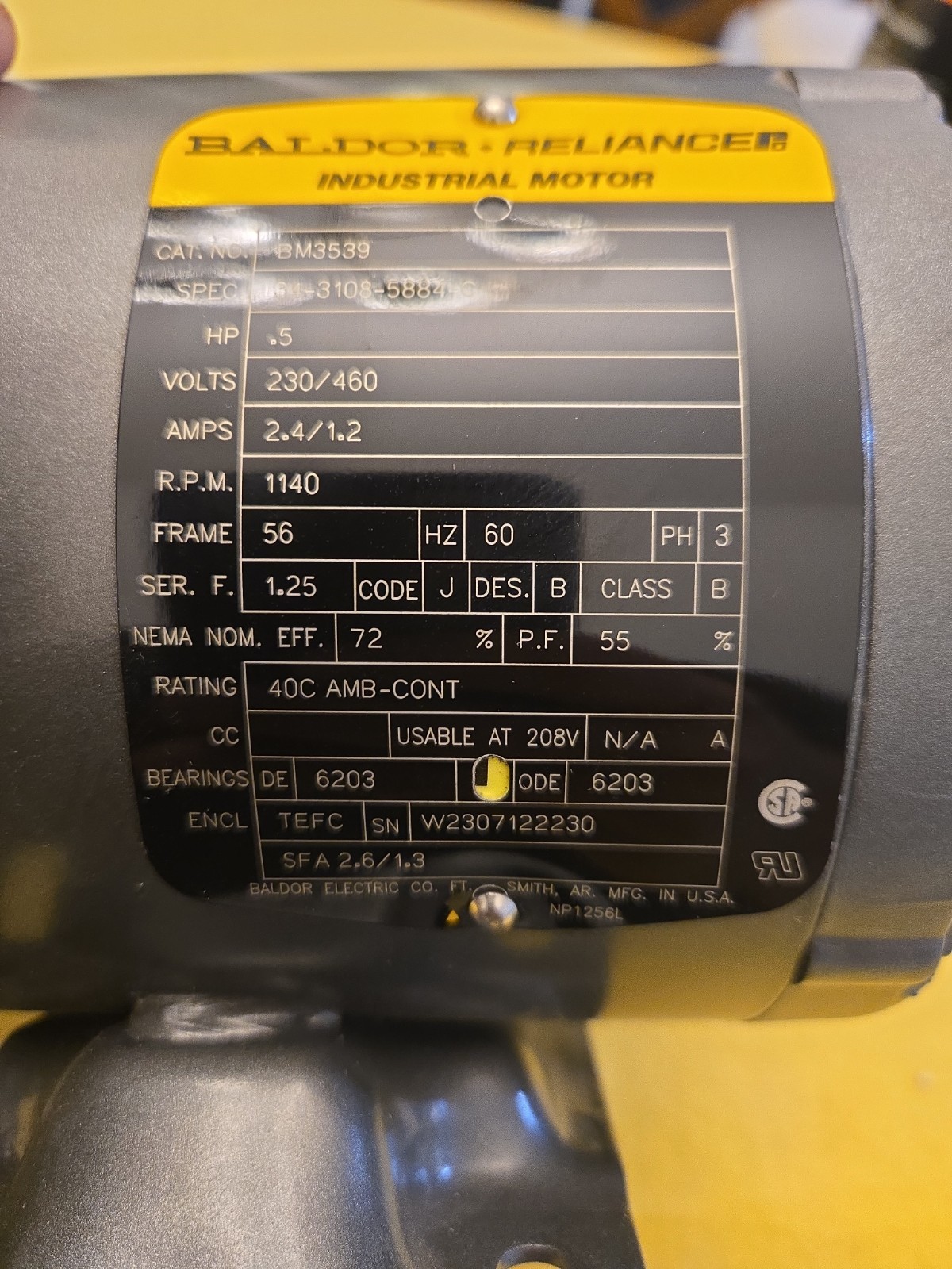 Baldor BM3539 .5HP Electric Motor 230/460V 3PH 1140RPM 56 Fr. W/ 115/230V Brake Baldor BM3539 .5HP Electric Motor 230/460V 3PH 1140RPM 56 Fr. W/ 115/230V Brake