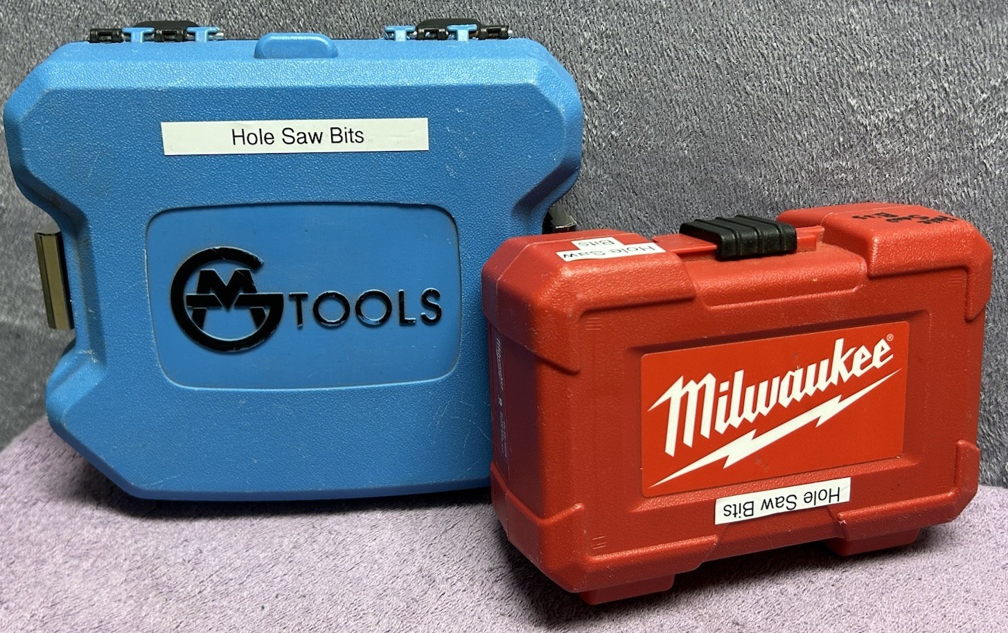 Lot of 2 Hole Saw Kits Milwaukee + MG Tools 15 Bi-Metal Saws 3 Arbors Cases Lot of 2 Hole Saw Kits Milwaukee + MG Tools 15 Bi-Metal Saws 3 Arbors Cases