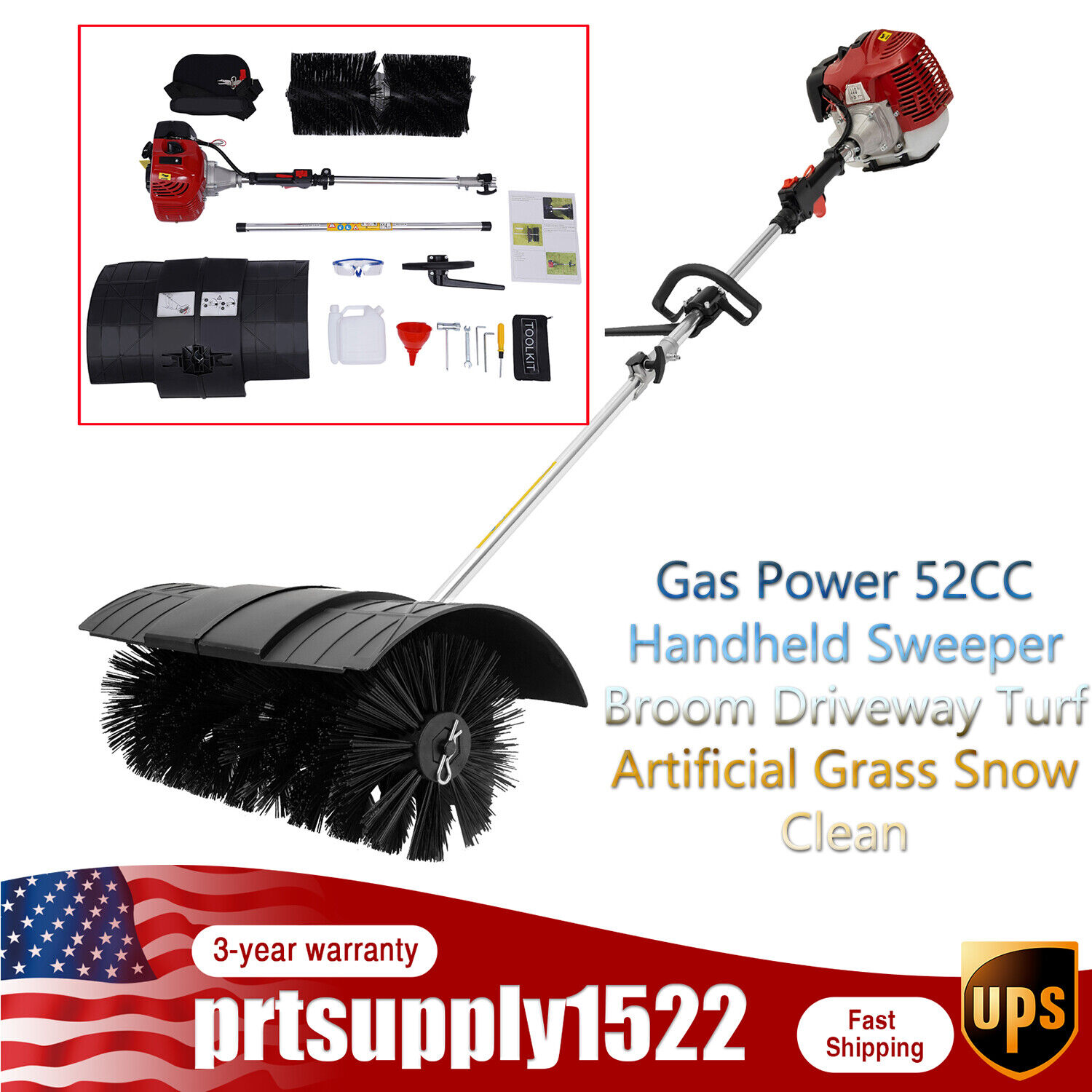 Gas Power 52CC Handheld Sweeper Broom Driveway Turf Artificial Grass Snow Clean