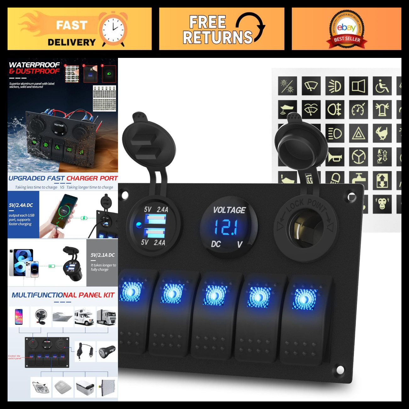 Waterproof 5 Gang Rocker Switch Panel 12V/24V with USB Ports & Voltmeter for Boa