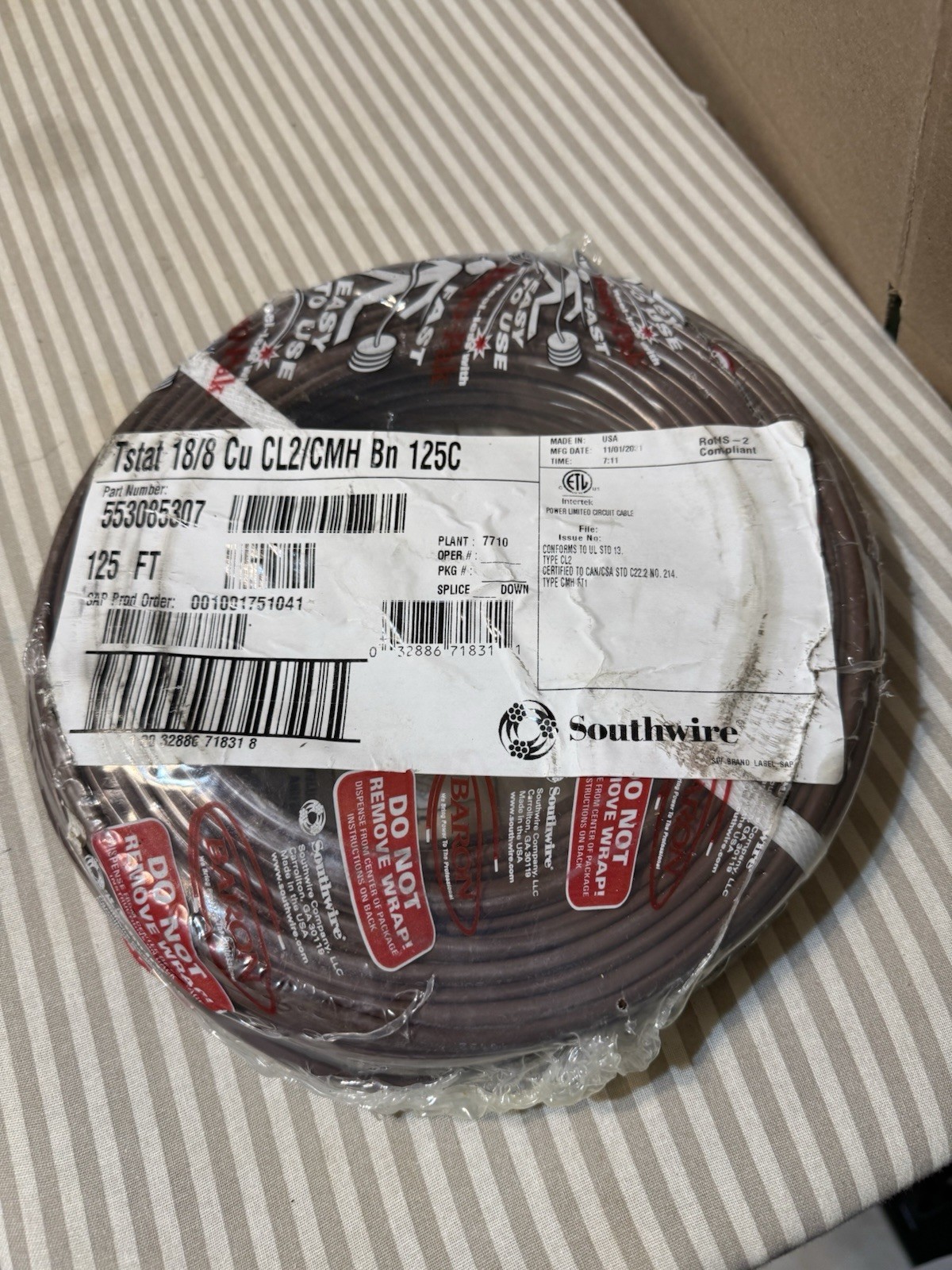 SOUTHWIRE 553085307  Tstat  18/8 Cu CL2/CMH Bn 125C 125 FT Thermostat cable-New