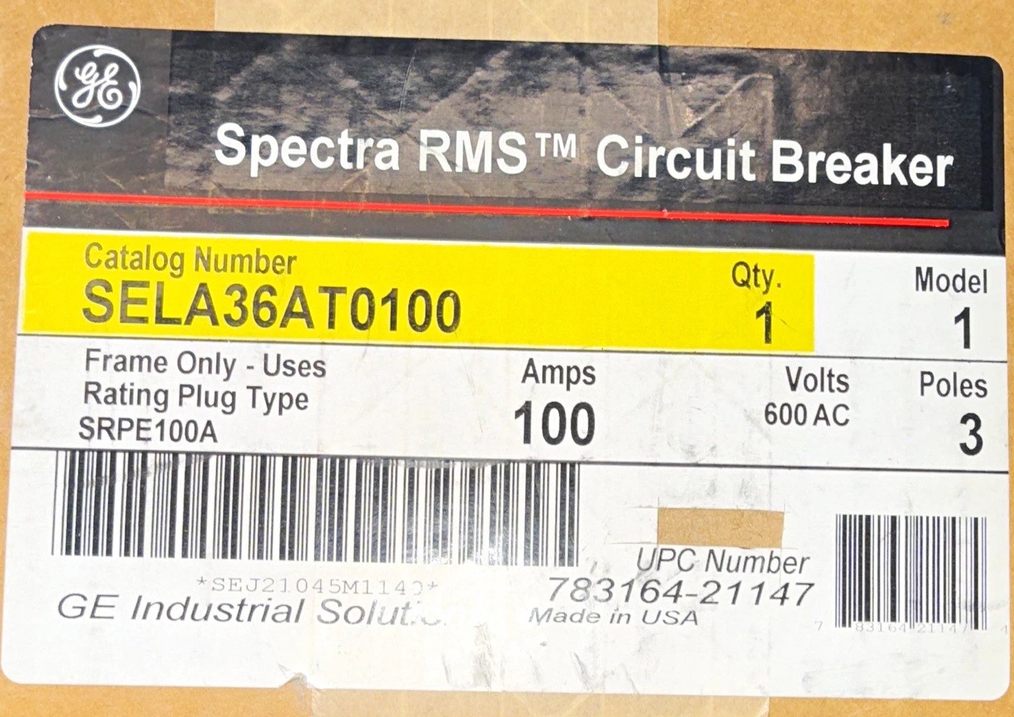 GE SELA36AT0100 Spectra RMS Circuit Breaker 3-Pole 100A 600VAC