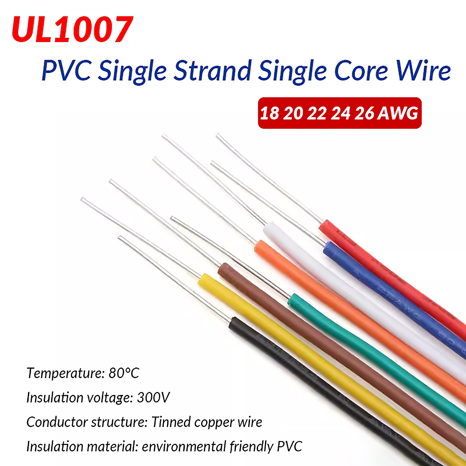 UL1007 Single Core Wire Cable 18-26 AWG Tinned Copper Cable Various Colours PVC UL1007 Single Core Wire Cable 18-26 AWG Tinned Copper Cable Various Colours PVC