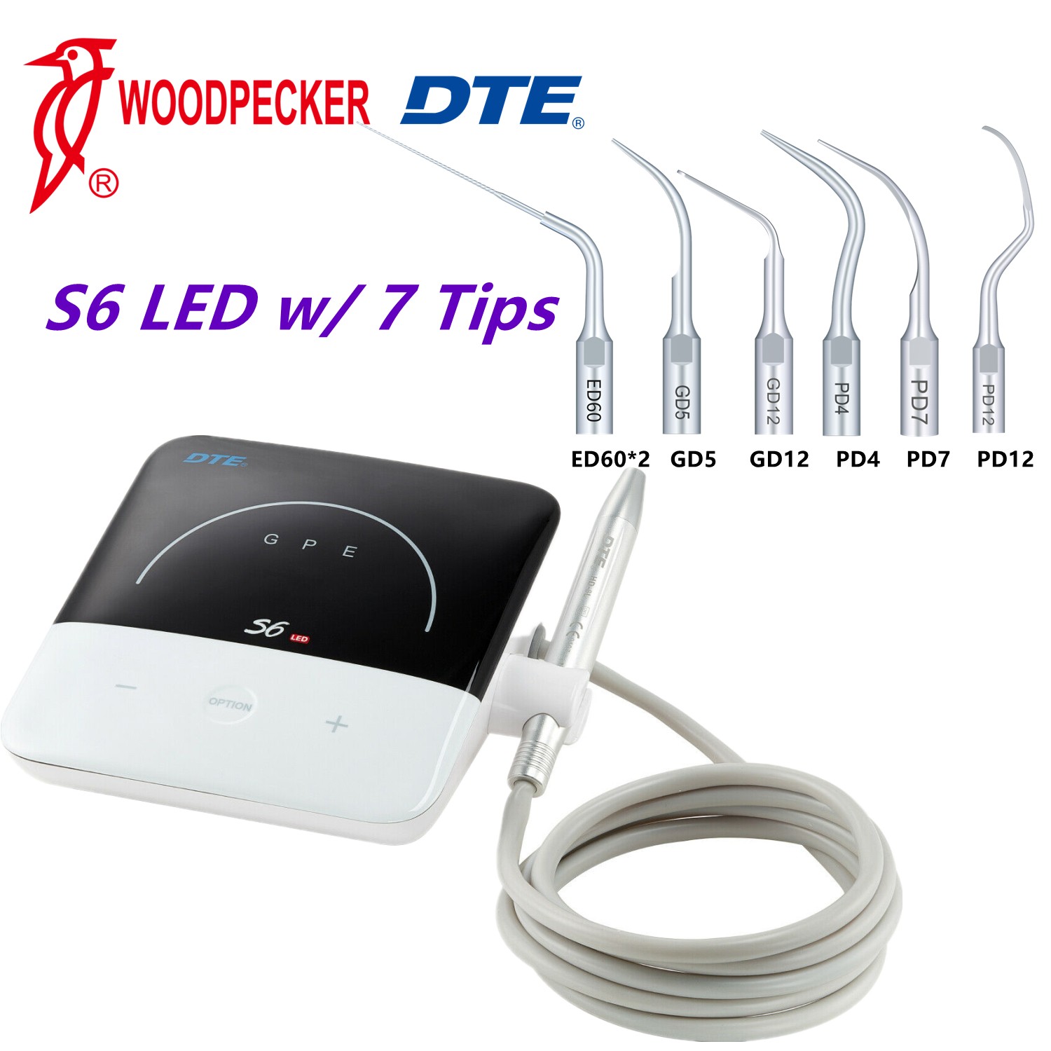 Woodpecker DTE S6 LED Dental Piezo Ultrasonic Scaler HD-8L Handpiece 7 Tips 110V