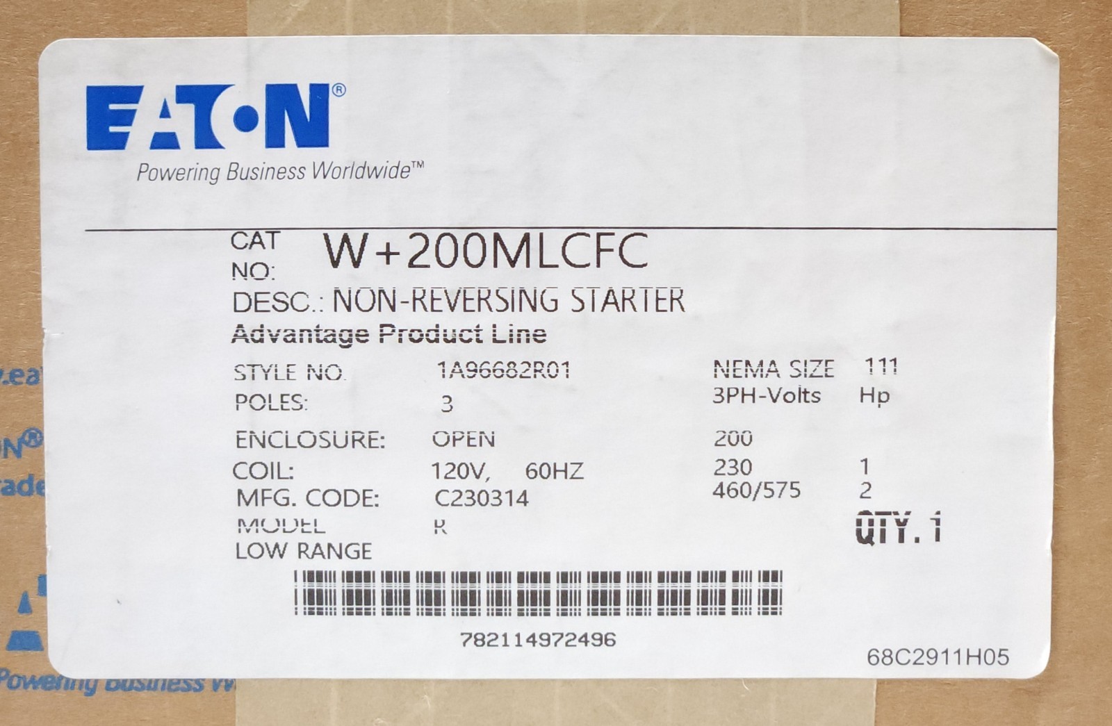 SEALED EATON CUTLER HAMMER W+200MLCFC Size 1 W+200 Low RANGE Advantage Starter